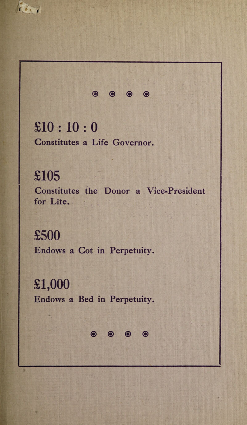 ® ® © ® £10 : 10 : 0 Constitutes a Life Governor. * £105 Constitutes the Donor a Vice-President for Lite. £500 Endows a Cot in Perpetuity. £1,000 Endows a Bed in Perpetuity. * © © © © ■ - - j