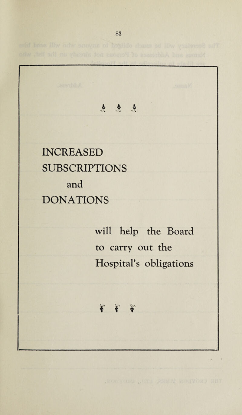 INCREASED SUBSCRIPTIONS and DONATIONS will help the Board to carry out the Hospital’s obligations % IT