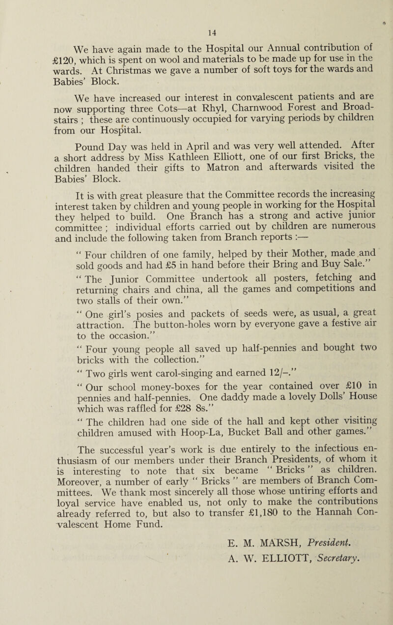We have again made to the Hospital our Annual contribution of £120, which is spent on wool and materials to be made up for use in the wards. At Christmas we gave a number of soft toys for the wards and Babies’ Block. We have increased our interest in convalescent patients and are now supporting three Cots—at Rhyl, Charnwood Forest and Broad- stairs ; these are continuously occupied for varying periods by children from our Hospital. Pound Day was held in April and was very well attended. After a short address by Miss Kathleen Elliott, one of our first Bricks, the children handed their gifts to Matron and afterwards visited the Babies’ Block. It is with great pleasure that the Committee records the increasing interest taken by children and young people in working for the Hospital they helped to build. One Branch has a strong and active junior committee ; individual efforts carried out by children are numerous and include the following taken from Branch reports :— “ Four children of one family, helped by their Mother, made and sold goods and had £5 in hand before their Bring and Buy Sale. “ The Junior Committee undertook all posters, fetching and returning chairs and china, all the games and competitions and two stalls of their own.” “ One girl’s posies and packets of seeds were, as usual, a great attraction. The button-holes worn by everyone gave a festive air to the occasion.” ” Four young people all saved up half-pennies and bought two bricks with the collection.” “ Two girls went carol-singing and earned 12/-.” “ Our school money-boxes for the year contained over £10 in pennies and half-pennies. One daddy made a lovely Dolls House which was raffled for £28 8s.” “ The children had one side of the hall and kept other visiting children amused with Hoop-La, Bucket Ball and other games.” The successful year’s work is due entirely to the infectious en¬ thusiasm of our members under their Branch Presidents, of whom it is interesting to note that six became “ Bricks ” as children. Moreover, a number of early “ Bricks ” are members of Branch Com¬ mittees. We thank most sincerely all those whose untiring efforts and loyal service have enabled us, not only to make the contributions already referred to, but also to transfer £1,180 to the Hannah Con¬ valescent Home Fund. E. M. MARSH, President. A. W. ELLIOTT, Secretary.