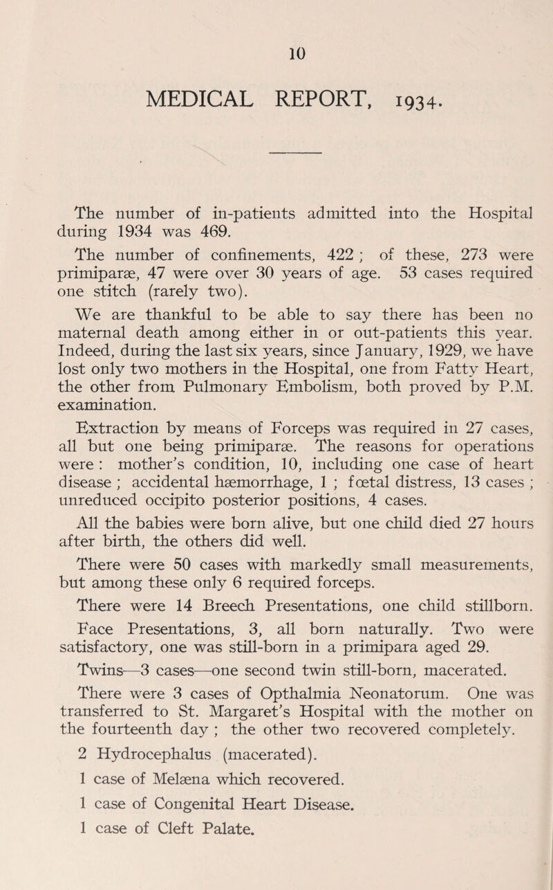 MEDICAL REPORT, 1934. The number of in-patients admitted into the Hospital during 1934 was 469. The number of confinements, 422; of these, 273 were primiparae, 47 were over 30 years of age. 53 cases required one stitch (rarely two). We are thankful to be able to say there has been no maternal death among either in or out-patients this year. Indeed, during the last six years, since January, 1929, we have lost only two mothers in the Hospital, one from Fatty Heart, the other from Pulmonary Embolism, both proved by P.M. examination. Extraction by means of Forceps was required in 27 cases, all but one being primiparae. The reasons for operations were : mother’s condition, 10, including one case of heart disease ; accidental haemorrhage, 1 ; foetal distress, 13 cases ; unreduced occipito posterior positions, 4 cases. All the babies were born alive, but one child died 27 hours after birth, the others did well. There were 50 cases with markedly small measurements, but among these only 6 required forceps. There were 14 Breech Presentations, one child stillborn. Face Presentations, 3, all born naturally. Two were satisfactory, one was still-born in a primipara aged 29. Twins-—3 cases—one second twin still-born, macerated. There were 3 cases of Opthalmia Neonatorum. One was transferred to St. Margaret’s Hospital with the mother on the fourteenth day ; the other two recovered completely. 2 Hydrocephalus (macerated). 1 case of Melsena which recovered. 1 case of Congenital Heart Disease. 1 case of Cleft Palate.