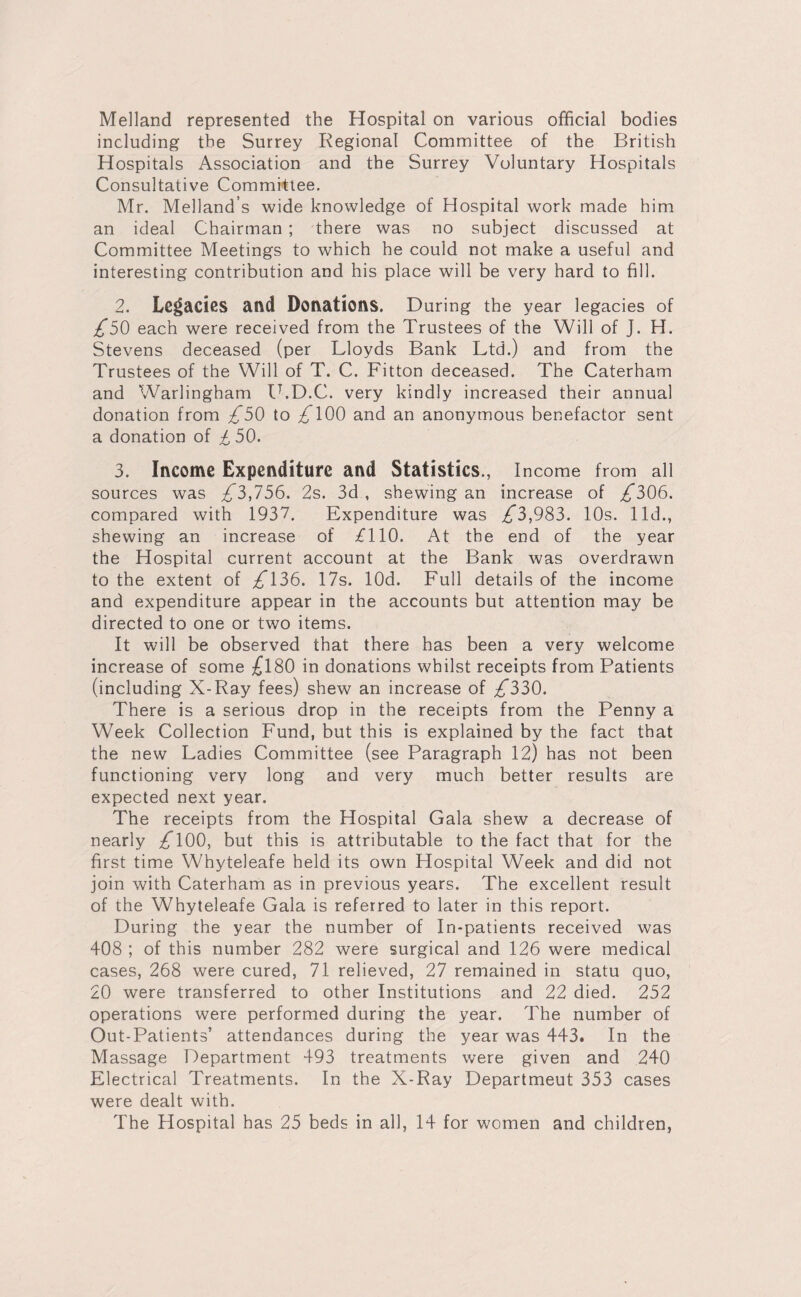 Melland represented the Hospital on various official bodies including the Surrey Regional Committee of the British Hospitals Association and the Surrey Voluntary Hospitals Consultative Committee. Mr. Melland’s wide knowledge of Hospital work made him an ideal Chairman ; there was no subject discussed at Committee Meetings to which he could not make a useful and interesting contribution and his place will be very hard to fill. 2. Legacies and Donations. During the year legacies of £50 each were received from the Trustees of the Will of J. H. Stevens deceased (per Lloyds Bank Ltd.) and from the Trustees of the Will of T. C. Fitton deceased. The Caterham and Warlingham U.D.C. very kindly increased their annual donation from £50 to ,6 100 and an anonymous benefactor sent a donation of £ 50. 3. Income Expenditure and Statistics., Income from all sources was £3,756, 2s. 3d., shewing an increase of £306. compared with 1937. Expenditure was ^*3,983. 10s. lid., shewing an increase of £110. At the end of the year the Hospital current account at the Bank was overdrawn to the extent of £136. 17s. lOd. Full details of the income and expenditure appear in the accounts but attention may be directed to one or two items. It will be observed that there has been a very welcome increase of some £l80 in donations whilst receipts from Patients (including X-Ray fees) shew an increase of £330. There is a serious drop in the receipts from the Penny a Week Collection Fund, but this is explained by the fact that the new Ladies Committee (see Paragraph 12) has not been functioning very long and very much better results are expected next year. The receipts from the Hospital Gala shew a decrease of nearly 100, but this is attributable to the fact that for the first time Whyteleafe held its own Hospital Week and did not join with Caterham as in previous years. The excellent result of the Whyteleafe Gala is referred, to later in this report. During the year the number of In-patients received was 408 ; of this number 282 were surgical and 126 were medical cases, 268 were cured, 71 relieved, 27 remained in statu quo, 20 were transferred to other Institutions and 22 died. 252 operations were performed during the year. The number of Out-Patients’ attendances during the year was 443. In the Massage Department 493 treatments were given and 240 Electrical Treatments. In the X-Ray Departmeut 353 cases were dealt with. The Hospital has 25 beds in all, 14 for women and children,
