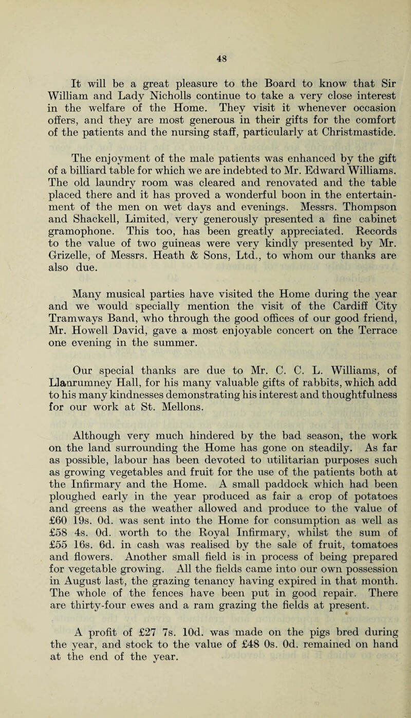 It will be a great pleasure to the Board to know that Sir William and Lady Nicholls continue to take a very close interest in the welfare of the Home. They visit it whenever occasion offers, and they are most generous in their gifts for the comfort of the patients and the nursing staff, particularly at Christmastide. The enjoyment of the male patients was enhanced by the gift of a billiard table for which we are indebted to Mr. Edward Williams. The old laundry room was cleared and renovated and the table placed there and it has proved a wonderful boon in the entertain¬ ment of the men on wet days and evenings. Messrs. Thompson and Shackell, Limited, very generously presented a fine cabinet gramophone. This too, has been greatly appreciated. Records to the value of two guineas were very kindly presented by Mr. Grizelle, of Messrs. Heath & Sons, Ltd., to whom our thanks are also due. Many musical parties have visited the Home during the year and we would specially mention the visit of the Cardiff City Tramways Band, who through the good offices of our good friend, Mr. Howell David, gave a most enjoyable concert on the Terrace one evening in the summer. Our special thanks are due to Mr. C. C. L. Williams, of Llanrumney Hall, for his many valuable gifts of rabbits, which add to his many kindnesses demonstrating his interest and thoughtfulness for our work at St. Mellons. Although very much hindered by the bad season, the work on the land surrounding the Home has gone on steadily. As far as possible, labour has been devoted to utilitarian purposes such as growing vegetables and fruit for the use of the patients both at the Infirmary and the Home. A small paddock which had been ploughed early in the year produced as fair a crop of potatoes and greens as the weather allowed and produce to the value of £60 19s. Od. was sent into the Home for consumption as well as £58 4s. Od. w'orth to the Royal Infirmary, whilst the sum of £55 16s. 6d. in cash was realised by the sale of fruit, tomatoes and flowers. Another small field is in process of being prepared for vegetable growing. All the fields came into our own possession in August last, the grazing tenancy having expired in that month. The whole of the fences have been put in good repair. There are thirty-four ewes and a ram grazing the fields at present. A profit of £27 7s. lOd. was made on the pigs bred during the year, and stock to the value of £48 Os. Od. remained on hand at the end of the year.