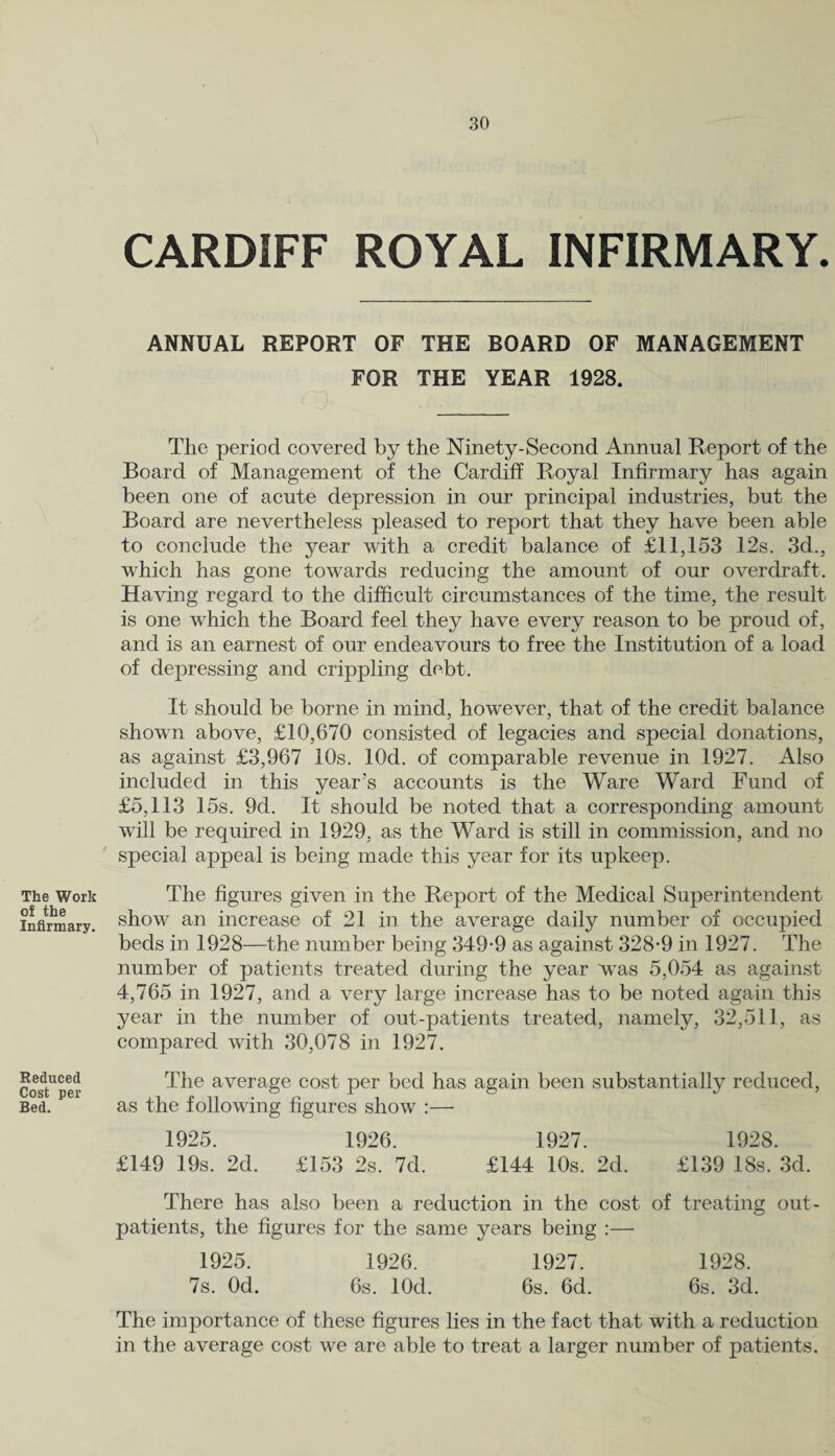 The Work of the Infirmary. Reduced Cost per Bed. CARDIFF ROYAL INFIRMARY. ANNUAL REPORT OF THE BOARD OF MANAGEMENT FOR THE YEAR 1928. The period covered by the Ninety-Second Annual Report of the Board of Management of the Cardiff Royal Infirmary has again been one of acute depression in our principal industries, but the Board are nevertheless pleased to report that they have been able to conclude the year with a credit balance of £11,153 12s. 3d., which has gone towards reducing the amount of our overdraft. Having regard to the difficult circumstances of the time, the result is one which the Board feel they have every reason to be proud of, and is an earnest of our endeavours to free the Institution of a load of depressing and crippling debt. It should be borne in mind, however, that of the credit balance shown above, £10,670 consisted of legacies and special donations, as against £3,967 10s. lOd. of comparable revenue in 1927. Also included in this year’s accounts is the Ware Ward Fund of £5,113 15s. 9d. It should be noted that a corresponding amount will be required in 1929, as the Ward is still in commission, and no special appeal is being made this year for its upkeep. The figures given in the Report of the Medical Superintendent show an increase of 21 in the average daily number of occupied beds in 1928—the number being 349-9 as against 328-9 in 1927. The number of patients treated during the year was 5,054 as against 4,765 in 1927, and a very large increase has to be noted again this year in the number of out-patients treated, namely, 32,511, as compared with 30,078 in 1927. The average cost per bed has again been substantially reduced, as the following figures show :— 1925. 1926. 1927. 1928. £149 19s. 2d. £153 2s. 7d. £144 10s. 2d. £139 18s. 3d. There has also been a reduction in the cost of treating out¬ patients, the figures for the same years being :— 1925. 1926. 1927. 1928. 7s. Od. 6s. lOd. 6s. 6d. 6s. 3d. The importance of these figures lies in the fact that with a reduction in the average cost we are able to treat a larger number of patients.