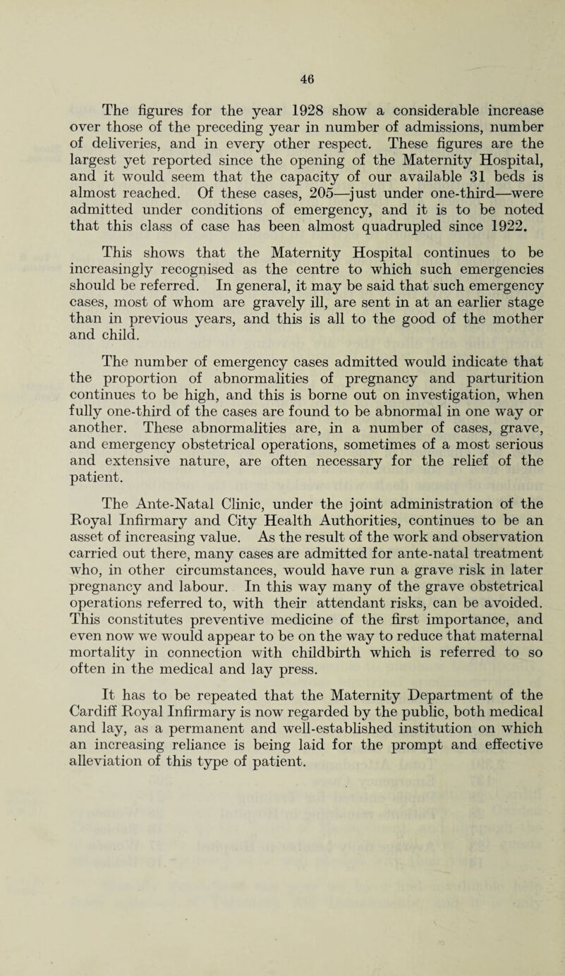 The figures for the year 1928 show a considerable increase over those of the preceding year in number of admissions, number of deliveries, and in every other respect. These figures are the largest yet reported since the opening of the Maternity Hospital, and it would seem that the capacity of our available 31 beds is almost reached. Of these cases, 205—just under one-third—were admitted under conditions of emergency, and it is to be noted that this class of case has been almost quadrupled since 1922. This shows that the Maternity Hospital continues to be increasingly recognised as the centre to which such emergencies should be referred. In general, it may be said that such emergency cases, most of whom are gravely ill, are sent in at an earlier stage than in previous years, and this is all to the good of the mother and child. The number of emergency cases admitted would indicate that the proportion of abnormalities of pregnancy and parturition continues to be high, and this is borne out on investigation, when fully one-third of the cases are found to be abnormal in one way or another. These abnormalities are, in a number of cases, grave, and emergency obstetrical operations, sometimes of a most serious and extensive nature, are often necessary for the relief of the patient. The Ante-Natal Clinic, under the joint administration of the Royal Infirmary and City Health Authorities, continues to be an asset of increasing value. As the result of the work and observation carried out there, many cases are admitted for ante-natal treatment who, in other circumstances, would have run a grave risk in later pregnancy and labour. In this way many of the grave obstetrical operations referred to, with their attendant risks, can be avoided. This constitutes preventive medicine of the first importance, and even now we would appear to be on the way to reduce that maternal mortality in connection with childbirth which is referred to so often in the medical and lay press. It has to be repeated that the Maternity Department of the Cardiff Royal Infirmary is now regarded by the public, both medical and lay, as a permanent and well-established institution on which an increasing reliance is being laid for the prompt and effective alleviation of this type of patient.