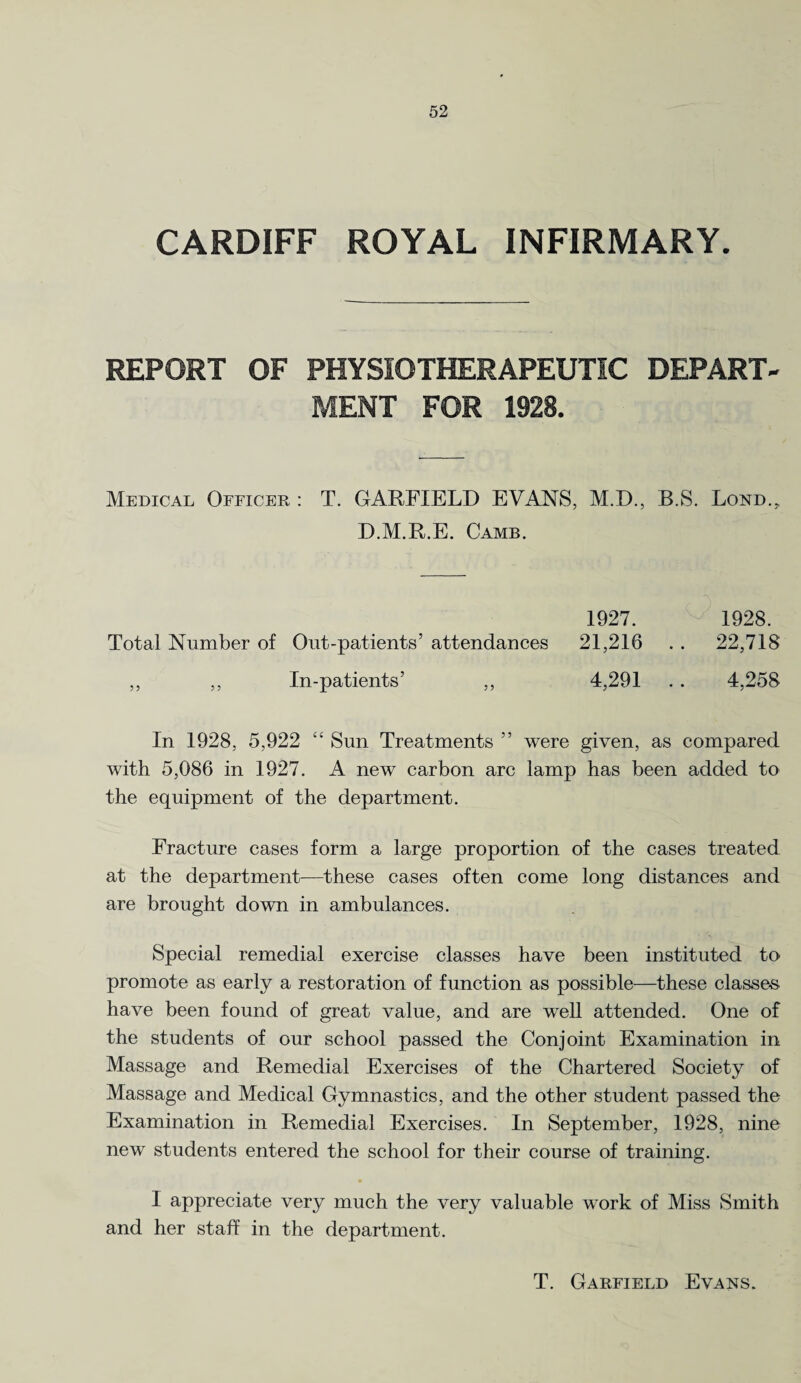 CARDIFF ROYAL INFIRMARY. REPORT OF PHYSIOTHERAPEUTIC DEPART¬ MENT FOR 1928. Medical Officer : T. GARFIELD EVANS, M.D., B.S. Lord., D.M.R.E. Camb. 1927. 1928. Total Number of Out-patients’ attendances 21,216 . . 22,718 ,, ,, In-patients’ ,, 4,291 . . 4,258 In 1928, 5,922 “ Sun Treatments ” were given, as compared with 5,086 in 1927. A new carbon arc lamp has been added to the equipment of the department. Fracture cases form a large proportion of the cases treated at the department—these cases often come long distances and are brought down in ambulances. Special remedial exercise classes have been instituted to promote as early a restoration of function as possible—these classes have been found of great value, and are well attended. One of the students of our school passed the Conjoint Examination in Massage and Remedial Exercises of the Chartered Society of Massage and Medical Gymnastics, and the other student passed the Examination in Remedial Exercises. In September, 1928, nine new students entered the school for their course of training. I appreciate very much the very valuable work of Miss Smith and her staff in the department. T. Garfield Evans.