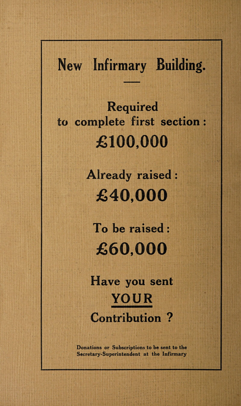New Infirmary Building. Required to complete first section : £100,000 Already raised: £40,000 To be raised: £60,000 Have you sent YOUR Contribution ? Donations or Subscriptions to be sent to the Secretary-Superintendent at the Infirmary