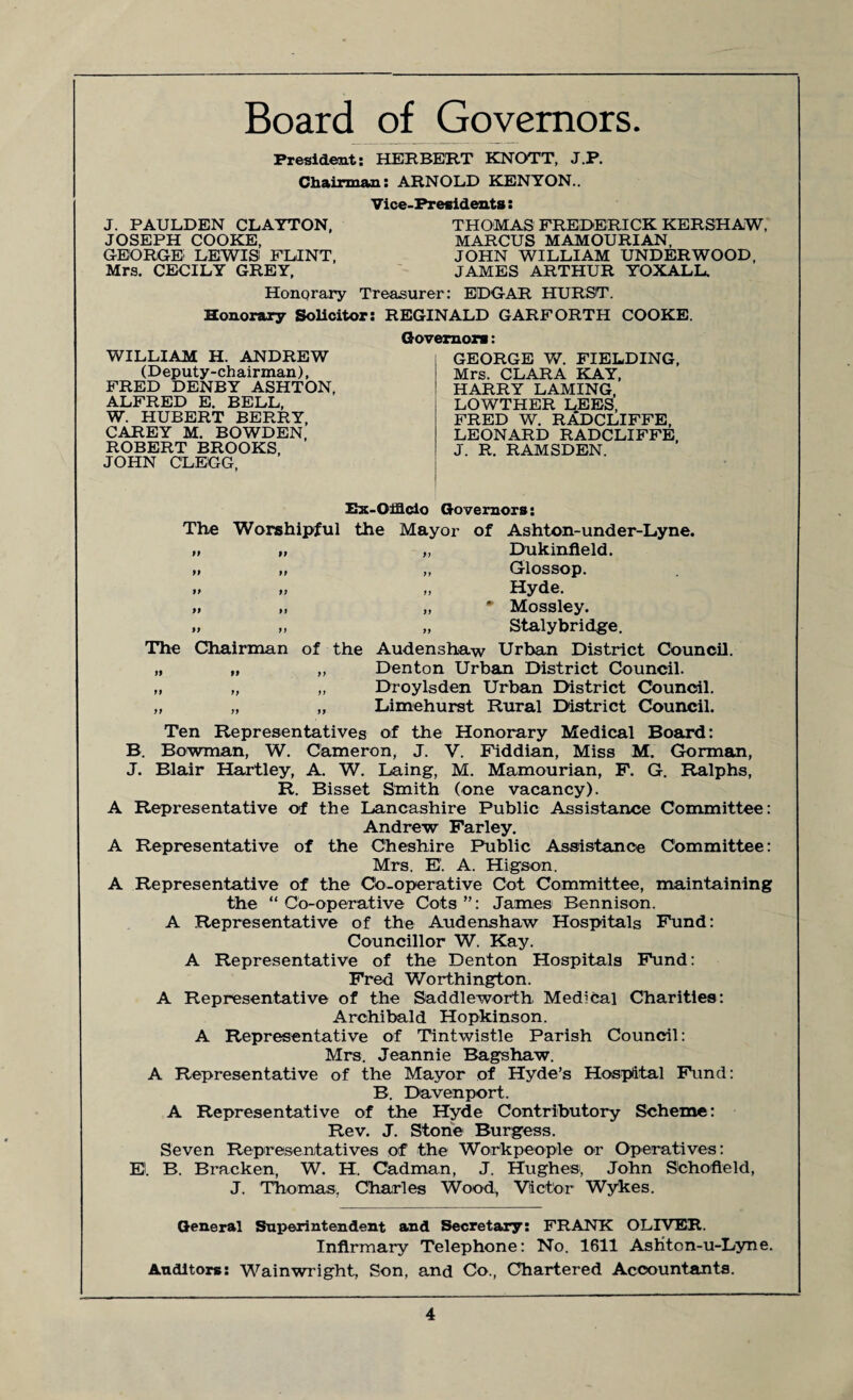 Board of Governors. President: HERBERT KNOTT, J.P. Chairman: ARNOLD KENYON.. Vice-Presidents: J. PAULDEN CLAYTON, THOMAS FREDERICK KERSHAW, JOSEPH COOKE, MARCUS MAMOURIAN, GEORGE LEWIS FLINT, JOHN WILLIAM UNDERWOOD, Mrs. CECILY GREY, JAMES ARTHUR YOXALL, Honorary Treasurer: EDGAR HURST. Honorary Solicitor: REGINALD GARFORTH COOKE. WILLIAM H. ANDREW (Deputy-chairman), FRED DENBY ASHTON, ALFRED E. BELL, W. HUBERT BERRY, CAREY M. BOWDEN, ROBERT BROOKS, JOHN CLEGG, Governors: GEORGE V/. FIELDING, Mrs. CLARA KAY, HARRY LAMING, LOWTHER LEES, FRED W. RADCLIFFE, LEONARD RADCLIFFE, J. R. RAMSDEN. The Worshipful Ex-Oiflclo Governors: the Mayor of Ashton-under-Lyne. 99 99 99 Dukinfleld. 99 99 99 Glossop. 99 99 99 Hyde. 99 99 99 * Mossley. 99 99 99 Stalybridge. The Chairman of the Audenshaw Urban District Council. „ „ „ Denton Urban District Council. „ ,, „ Droylsden Urban District Council. „ „ „ Limehurst Rural District Council. Ten Representatives of the Honorary Medical Board: B. Bowman, W. Cameron, J. V. Fiddian, Miss M. Gorman, J. Blair Hartley, A. W. Laing, M. Mamourian, F. G. Ralphs, R. Bisset Smith (one vacancy). A Representative of the Lancashire Public Assistance Committee: Andrew Farley. A Representative of the Cheshire Public Assistance Committee: Mrs. EL A. Higson. A Representative of the Co-operative Cot Committee, maintaining the “ Co-operative Cots ”: James Bennison. A Representative of the Audenshaw Hospitals Fund: Councillor W. Kay. A Representative of the Denton Hospitals Fund: Fred Worthington. A Representative of the Saddleworth, Medical Charities: Archibald Hopkinson. A Representative of Tintwistle Parish Council: Mrs. Jeannie Bagshaw. A Representative of the Mayor of Hyde’s Hospital Fund: B. Davenport. A Representative of the Hyde Contributory Scheme: Rev. J. Stone Burgess. Seven Representatives of the Workpeople or Operatives: EL B. Bracken, W. H. Cadman, J. Hughes, John Schofield, J. Thomas, Charles Wood, Victor Wykes. General Superintendent and Secretary: FRANK OLIVER. Infirmary Telephone: No. 1611 Asliton-u-Lyne. Auditors: Wainwright, Son, and Co., Chartered Accountants.