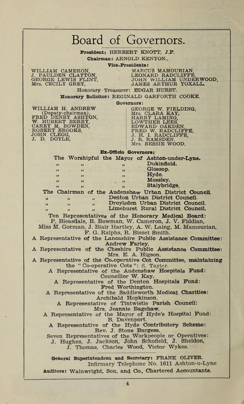 Board of Governors. President: HERBERT KNOTT, J.P. Chairman: ARNOLD KENYON.. Vice-Presidents: WILLIAM CAMERON, MARCUS MAMOURIAN, J. PAULDEN CLAYTON, LEONARD RADCLIFFE, GEORGE LEWIS FLINT, JOHN WILLIAM UNDERWOOD, Mrs. CECILY GREY, JAMES ARTHUR YOXALL. Honorary Treasurer: EDGAR HURST. Honorary Solicitor: REGINALD GARFORTH COOKE. WILLIAM H. ANDREW (Deputy-chairman), FRED DENBY ASHTON, W. HUBERT BERRY, CAREY M. BOWDEN, ROBERT BROOKS, JOHN CLEGG, J. D. DOYLE, Governors: GEORGE W. FIELDING, Mrs. CLARA KAY, HARRY LAMING, LOWTHER LEES, EDWARD OAKDEN FRED W. RADCLIFFE, J. H. I. RADCLIFFE, J. R. RAMSDEN. Mrs. BESSIE WOOD. Ex-Officio Governors: The Worshipful the Mayor of Ashton-under-Lyne. „ „ „ Dukinfield. „ „ „ Glossop. „ tt „ Hyde. „ „ „ Mossley. .1 „ „ Stalybridge. The Chairman of the Audenshaw Urban District Council. „ „ „ Denton Urban District Council. „ „ „ Droylsden Urban District Council. „ „ „ Limehurst Rural District Council. Ten Representatives of the Honorary Medical Board: P. Bleasdale, B. Bowman, W. Cameron, J. V. Fiddian, Miss M. Gorman, J. Blair Hartley, A. W. Laing, M. Mamourian, F. G. Ralphs, R. Bisset Smith. A Representative of the Lancashire Public Assistance Committee: Andrew Farley. A Representative of the Cheshire Public Assistance Committee: Mrs. E. A. Higson. A Representative of the Co-operative Cot Committee, maintaining the “Co-operative Cots”: S. Taylor. A Representative of the Audenshaw Hospitals Fund: Councillor W. Kay. A Representative of the Denton Hospitals Fund: Fred Worthington. A Representative of the Saddleworth Medical Charities: Archibald Hopkinson. A Representative of Tintwistle Parish Council: Mrs. Jeannie Bagshaw. A Representative of the Mayor of Hyde’s Hospital Fund: B. Davenport. A Representative of the Hyde Contributory Scheme: Rev. J. Stone Burgess. Seven Representatives of the Workpeople or Operatives: J. Hughes, J. Jackson, John Schofield, J. Sheldon, J. Thomas, Charles Wood, Victor Wykes. General Superintendent and Secretary: FRANK OLIVER. Infirmary Telephone No. 1611 Ashton-u-Lyne Auditors: Wainwright, Son, and Co., Chartered Accountants.