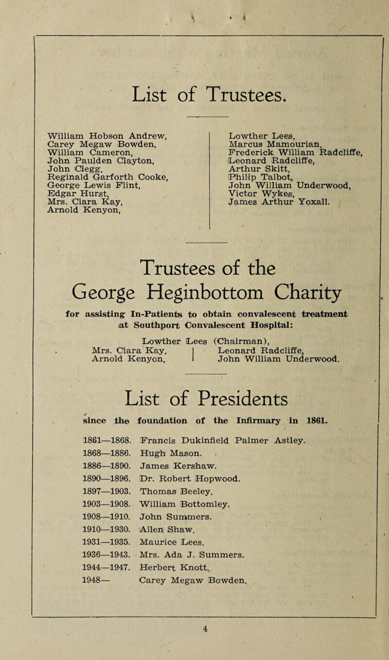 » i % List of Trustees. William Hobson Andrew, Carey Megaw Bowden, William Cameron, John Paulden Clayton, John Clegg, Reginald Garforth Cooke, 'George Lewis Flint, Edgar Hurst, Mrs. Clara Kay, Arnold Kenyon, Lowther Lees, Marcus Mamourian, Frederick William Radcliffe, Leonard Radcliffe, Arthur Skitt, Philip Talbot, John William Underwood, Victor Wykes, James Arthur Yoxall. Trustees of the George Heginbottom Charity for assisting In-Patients to obtain convalescent treatment at Southport Convalescent Hospital: Lowther Lees (Chairman), Mrs. Clara Kay, I Leonard Radcliffe, Arnold Kenyon, I John William Underwood. List of Presidents since the foundation of the Infirmary in 1861. 1861—1868. Francis Dukinfield Palmer Astley. 1868—1886. Hugh Mason. 1886—1890. James Kershaw. 1890—1896. Dr. Robert Hopwood. 1897—1903. Thomas Beeley. 1903—1908. William Bottomley. 1908—1910. John Summers. 1910—1930. Allen Shaw. 1931—1935. Maurice Lees. 1936—1943. Mrs. Ada J. Summers. 1944—1947. Herbert Knott. 1948— Carey Megaw Bowden.