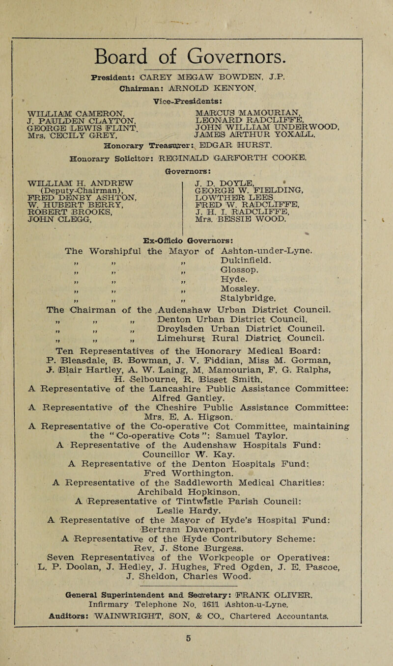 Board of Governors. President: CAREY MEG AW BOWDEN, J.P. Chairman: ARNOLD KENYON. Vice-Presidents: WILLIAM CAMERON, J. PAUDDEN CLAYTON, GEORGE LEWIS FLINT Mrs. CECILY GREY, Honorary Treasurer: MARCUS MAMOURIAN, LEONARD RADCLIFFE, JOHN WILLIAM UNDERWOOD, JAMES ARTHUR YOXALL. EDGAR. HURST. Honorary Solicitor: REGINALD GARFORTH COOKE. WILLIAM H. ANDREW (Deputy-Chairman), FRED DBNBY ASHTON, V/. HUBERT BERRY, ROBERT BROOKS, JOHN CLEGG, Governors: J. D. DOYLE, GEORGE W. FIELDING, LOWTHER LEES fred w. radcliffe:, J. PI. I. RADCLIFFE, Mrs. BESSIE WOOD. Ex-Officio Governors: The Worshipful the Mayor of Asliton-under-Lyne. „ „ ,, Dukinfield. „ „ „ Glossop. „ „ „ Hyde. „ „ „ Mossley. „ „ „ Stalybridge. The Chairman of the Audenshaw Urban District Council. „ „ „ Denton Urban District Council. „ ,, „ Droylsden Urban District Council. „ „ „ Limehurst Rural District Council. Ten Representatives of the Honorary Medical Board: P. Bleasdale, B. Bowman, J. V. Fiddian, Miss M. Corman, J. Blair 'Hartley, A. W. Laing, M. Mamourian, F. G. Ralphs, H. Selbourne, R. Bisset Smith. A Representative of the Lancashire Public Assistance Committee: Alfred Gantley. A Representative of the Cheshire Public Assistance Committee: Mrs. E. A. Higson. A Representative of the Co-operative Cot Committee, maintaining the “Co-operative Cots”: Samuel Taylor. A Representative of the Audenshaw Hospitals Fund: Councillor W. Kay. A Representative of the Denton Hospitals Fund: Fred Worthington. A Representative of the Saddleworth Medical Charities: Archibald Hopkinson. A Representative of Tintwfstle Parish Council: Leslie Hardy. A Representative of the Mayor of Hyde’s Hospital Fund: Bertram Davenport. A Representative of the Hyde Contributory Scheme: Rev. J. Stone Burgess. Seven Representatives of the Workpeople or Operatives: L. P. Doolan, J. Hedley, J. Hughes, Fred Ogden, J. E. Pascoe, J. Sheldon, Charles Wood. General Superintendent and Secretary: FRANK OLIVER. Infirmary Telephone No. 1611 Ashton-u-Lyne. Auditors: WAINWRIGHT, SON, & CO,, Chartered Accountants.