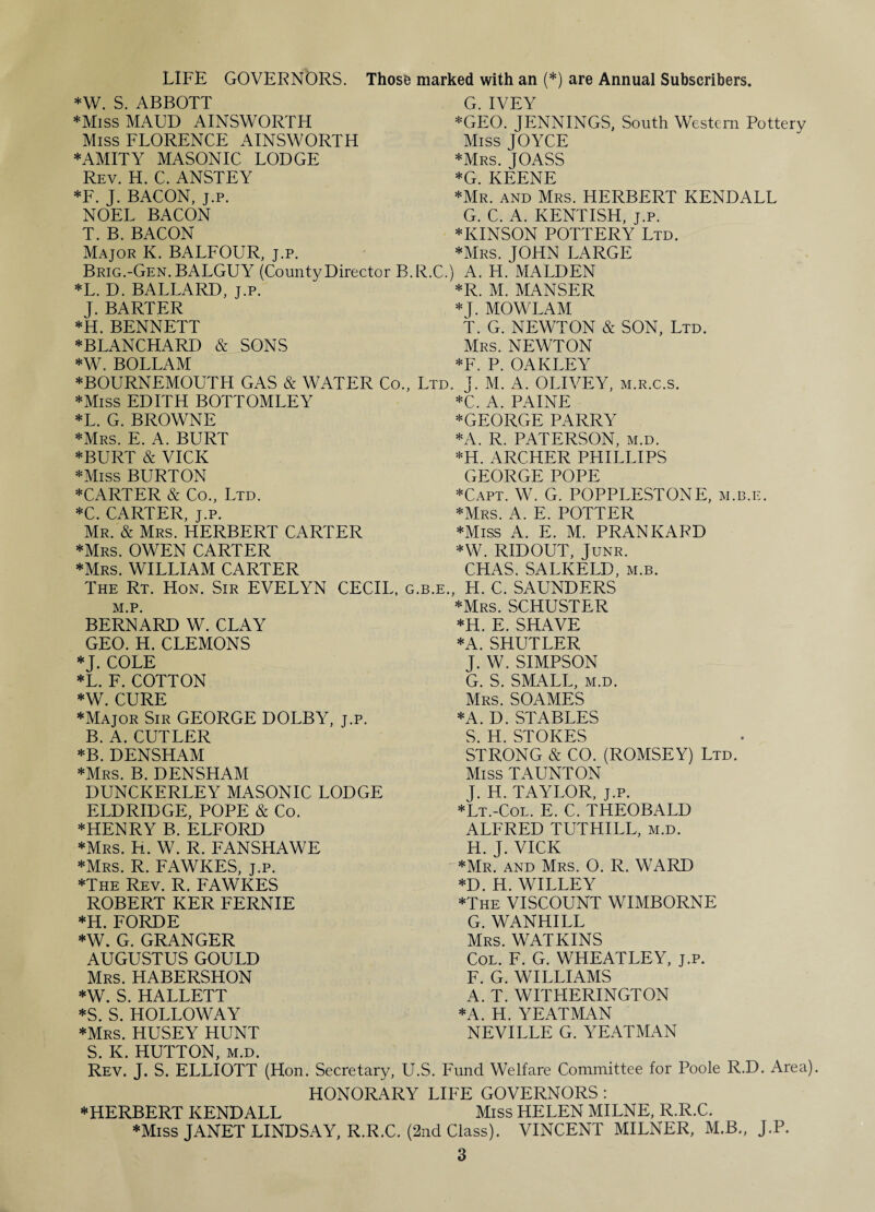 LIFE GOVERNORS. Those marked with an (*) are Annual Subscribers. *W. S. ABBOTT *Miss MAUD AINSWORTH Miss FLORENCE AINSWORTH * AMITY MASONIC LODGE Rev. H. C. ANSTEY *F. J. BACON, j.p. NOEL BACON T. B. BACON Major K. BALFOUR, j.p. Brig.-Gen. BALGUY (County Director B.R *L. D. BALLARD, j.p. J. BARTER *H. BENNETT *BLANCHARD & SONS *W. BOLLAM *BOURNEMOUTH GAS & WATER Co., ] *Miss EDITH BOTTOMLEY *L. G. BROWNE *Mrs. E. A. BURT *BURT & VICK *Miss BURTON ^CARTER & Co., Ltd. *C. CARTER, j.p. Mr. & Mrs. HERBERT CARTER *Mrs. OWEN CARTER *Mrs. WILLIAM CARTER The Rt. Hon. Sir EVELYN CECIL, g. M.P. BERNARD W. CLAY GEO. H. CLEMONS ♦J. COLE *L. F. COTTON ♦W. CURE ’“Major Sir GEORGE DOLBY, j.p. B. A. CUTLER *B. DENSHAM ♦Mrs. B. DENSHAM DUNCKERLEY MASONIC LODGE ELDRIDGE, POPE & Co. *HENRY B. ELFORD *Mrs. H. W. R. FANSHAWE *Mrs. R. FAWKES, j.p. *The Rev. R. FAWKES ROBERT KER FERNIE *H. FORDE ♦W. G. GRANGER AUGUSTUS GOULD Mrs. HABERSHON *W. S. HALLETT *S. S. HOLLOWAY *Mrs. HUSEY HUNT S. K. HUTTON, m.d. Rev. J. S. ELLIOTT (Hon. Secretary, U. G. IVEY *GEO. JENNINGS, South Western Pottery Miss JOYCE *Mrs. JOASS *G. KEENE ♦Mr. and Mrs. HERBERT KENDALL G. C. A. KENTISH, j.p. *KINSON POTTERY Ltd. ♦Mrs. JOHN LARGE .C.) A. H. MALDEN *R. M. MANSER ♦J. MOWLAM T. G. NEWTON & SON, Ltd. Mrs. NEWTON *F. P. OAKLEY td. J. M. A. OLIVEY, m.r.c.s. *C. A. PAINE ♦GEORGE PARRY ♦A. R. PATERSON, m.d. *H. ARCHER PHILLIPS GEORGE POPE *Capt. W. G. POPPLESTONE, m.b.e. ♦Mrs. A. E. POTTER *Miss A. E. M. PRANKARD ♦W. RIDOUT, Junr. CHAS. SALKELD, m.b. >.e., H. C. SAUNDERS ♦Mrs. SCHUSTER *H. E. SHAVE ♦A. SHUTLER J. W. SIMPSON G. S. SMALL, m.d. Mrs. SOAMES ♦A. D. STABLES S. H. STOKES STRONG & CO. (ROMSEY) Ltd. Miss TAUNTON J. H. TAYLOR, j.p. *Lt.-Col. E. C. THEOBALD ALFRED TUTHILL, m.d. H. J. VICK ♦Mr. and Mrs. O. R. WARD ♦D. H. WILLEY ♦The viscount wimborne G. WANHILL Mrs. WATKINS Col. F. G. WHEATLEY, j.p. F. G. WILLIAMS A. T. WITHERINGTON ♦A. H. YE ATMAN NEVILLE G. YEATMAN >. Fund Welfare Committee for Poole R.D. Area). HONORARY LIFE GOVERNORS : * HERBERT KENDALL Miss HELEN MILNE, R.R.C. *Miss JANET LINDSAY, R.R.C. (2nd Class). VINCENT MILNER, M.B., J.P.