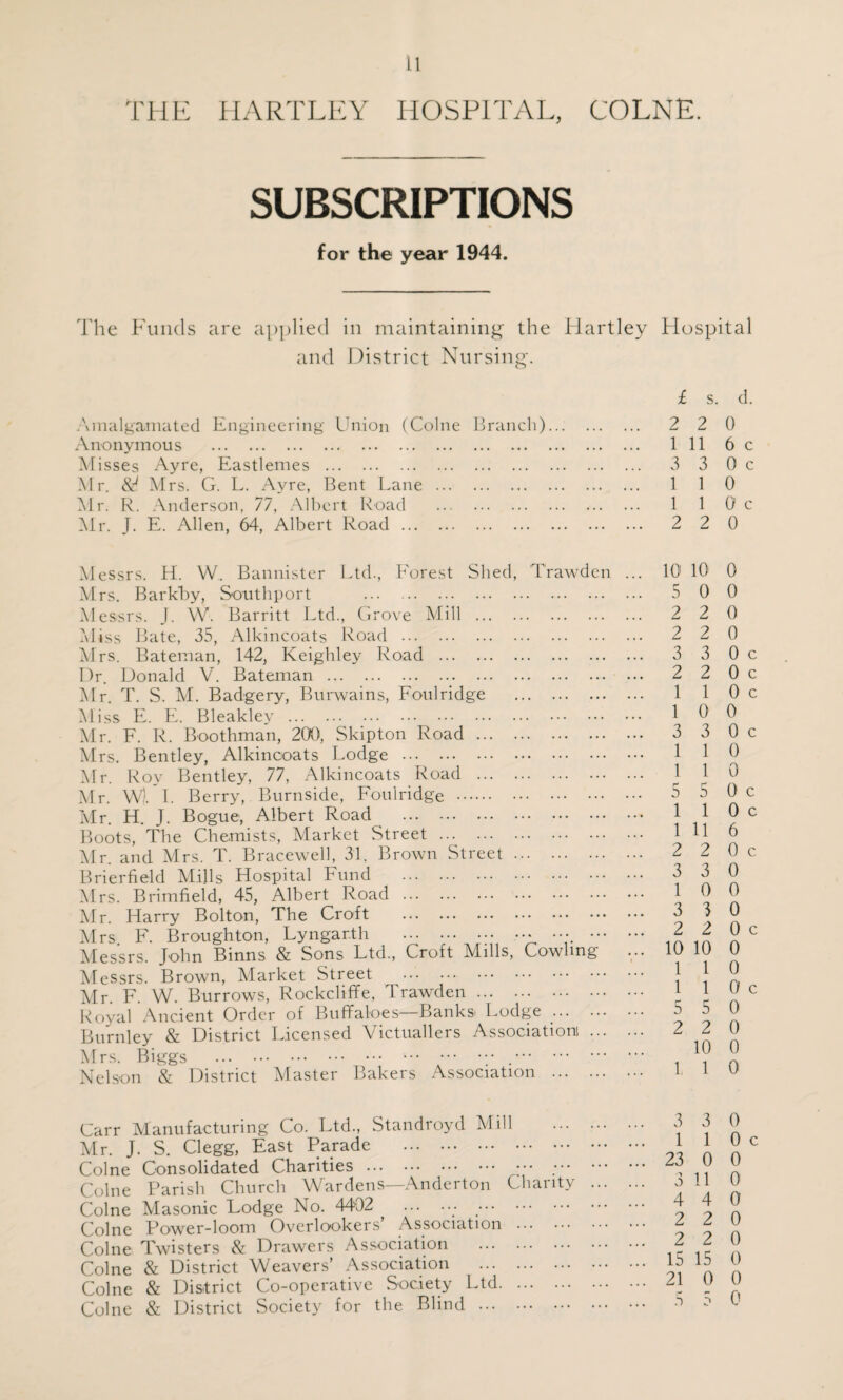 THE HARTLEY HOSPITAL, COLNE. SUBSCRIPTIONS for the year 1944. The Funds are applied in maintaining the Hartley Flospital and District Nursing. Amalgamated Engineering Union (Colne Branch)... Anonymous . M isses Ayre, Eastlemes . Mr. Mrs. G. L. Ayre, Bent Lane. Mr. R. Anderson, 77, Albert Road . Mr. J. E. Allen, 64, Albert Road. £ s. d. 2 2 0 1 11 6 c 3 3 0 c 1 1 0 110c 2 2 0 Messrs. H. W. Bannister Ltd., Forest Shed, Trawden ... Mrs. Barkby, Southport . Messrs. J. W. Barritt Ltd., Grove Mill . Miss Bate, 35, Alkincoats Road. Mrs. Bateman, 142, Keighley Road . Dr. Donald V. Bateman. Mr. T. S. M. Badgery, Burwains, Foulridge . Miss E. E. Bleakley. Mr. F. R. Boothman, 200, Skipton Road. Mrs. Bentley, Alkincoats Lodge. Mr. Roy Bentley, 77, Alkincoats Road . Mr. W/. I. Berry, Burnside, Foulridge . Mr. H. J. Bogue, Albert Road . Boots, The Chemists, Market Street. Mr. and Mrs. T. Bracewell, 31, Brown Street. Brierfield Mills Hospital Fund . Mrs. Brimfield, 45, Albert Road. Mr. Harry Bolton, The Croft . Mrs F. Broughton, Lyngar.th . ••• •••. . Messrs. John Binns & Sons Ltd., Croft Mills, Cowling ... Messrs. Brown, Market Street Mr. F. W. Burrows, Rockcliffe, Trawden. Royal Ancient Order of Buffaloes—Banks Lodge .. Burnley & District Licensed Victuallers Associations. Mrs. Biggs . ••• ••• .. Nelson & District Master Bakers Association . 10 10 0 r D 0 0 2 2 0 2 2 0 3 3 0 c 2 2 0 c 1 1 0 c 1 0 0 3 3 0 c 1 1 0 1 1 0 5 5 0 c 1 1 0 c 1 11 6 2 2 0 c 3 3 0 1 0 0 3 3 0 2 2 0 c 10 10 0 1 1 0 1 1 0 c 5 5 0 2 2 0 10 0 l 1 0 Carr Manufacturing Co. Ltd., Standroyd Mill Mr. J. S. Clegg, East Parade . Colne Consolidated Charities. ••• ••• Colne Parish Church Wardens—Anderton Charity Colne Masonic Lodge No. 4402 .. . Colne Power-loom Overlookers’ Association . Colne Twisters & Drawers Association . Colne & District Weavers’ Association . Colne & District Co-operative Society Ltd. Colne & District Society for the Blind . 3 3 0 110c 23 0 0 3 11 0 4 4 0 2 2 0 2 2 0 15 15 0 21 0 0 5 5 0