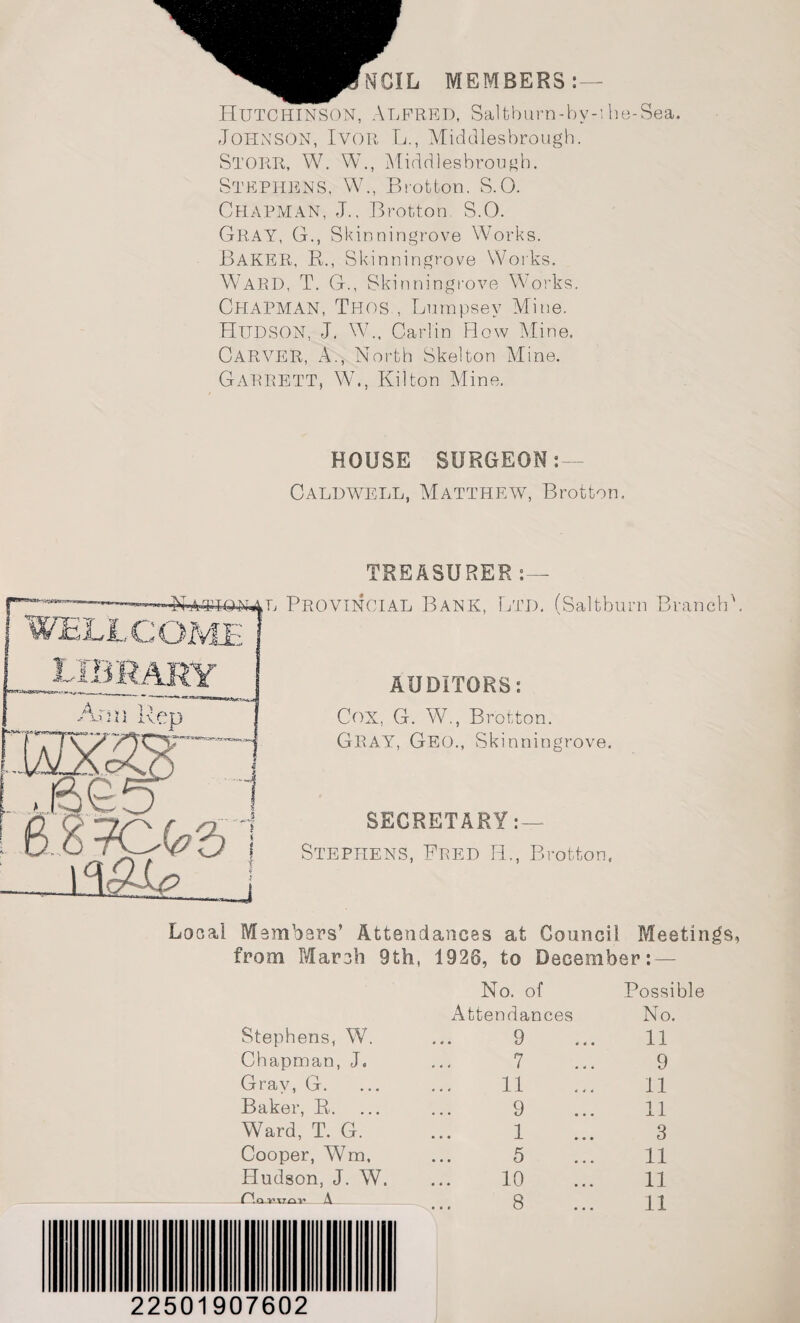 NOIL MEMBERS:— Hutchinson, Alfred, Saltburn-hy-ihe-Sea. Johnson, Ivor L., Middlesbrough. Storr, W. W., Middlesbrough. Stephens, W., Bcotton. S.O. Chapman, J., Brotton S.O. Gray, G., Skinningrove Works. Baker, R., Skinningrove Works. Ward, T. G., Skinningrove Works. Chapman, Thos , Lumpsey Mine. HUDSON, J. W., Carlin How Mine. CARVER, A., North Skelton Mine. Garrett, W., Kilton Mine. HOUSE SURGEON: Caldwell, Matthew, Brotton. TREASURER:— 4t^F^uL Provincial Bank, Ltd. (Saltburn Branch'. lX: rp un Rep 7Cfe& 1 AUDITORS: Cox, G. W., Brotton. GRAY, Geo., Skinningrove. SECRETARY:— Stephens, Fred H., Brotton, Local Members’ Attendances at Council Meetings, from March 9th, 1926, to December: — Stephens, W. No. of Attendances 9 Possible No. 11 Chapman, J, 7 9 Gray, G. 11 11 Baker, R. 9 11 Ward, T. G. 1 3 Cooper, Wm, 5 11 Hudson, J. W. 10 11 P.avuar A 8 11 22501907602