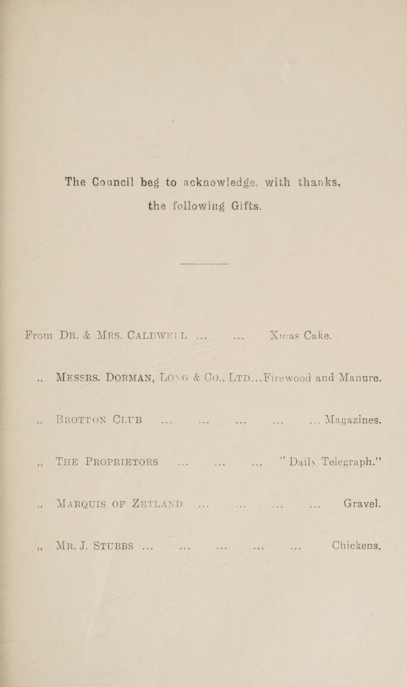 The Council beg to acknowledge, with thanks, the following Gifts. From Dr, & MRS. CALDWELL. Xmas Cake. Messrs. Dorman, Long & Co.. Ltd...Firewood and Manure. Brotton Club .Magazines. The Proprietors . “ Daih Telegraph.” Marquis of Zetland . Gravel. Mr. J. Stubbs Chickens.
