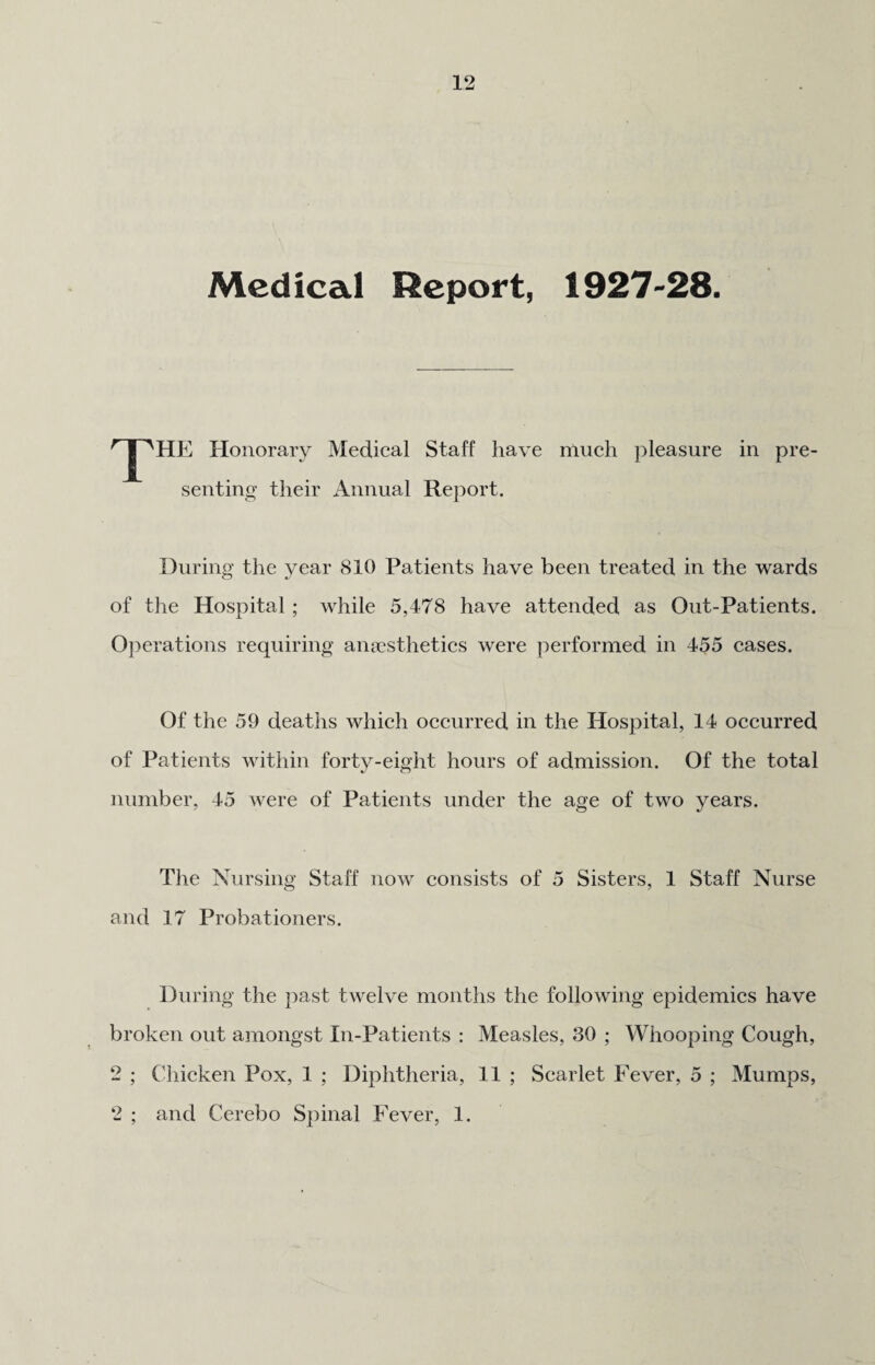 Medical Report, 1927-28. rJ^HE Honorary Medical Staff have much pleasure in pre¬ senting their Annual Report. During the year 810 Patients have been treated in the wards of the Hospital; while 5,478 have attended as Out-Patients. Operations requiring anaesthetics were performed in 455 cases. Of the 59 deaths which occurred in the Hospital, 14 occurred of Patients within forty-eight hours of admission. Of the total number, 45 were of Patients under the age of two years. The Nursing Staff now consists of 5 Sisters, 1 Staff Nurse and 17 Probationers. During the past twelve months the following epidemics have broken out amongst In-Patients : Measles, 30 ; Whooping Cough, 2 ; Chicken Pox, 1 ; Diphtheria, 11 ; Scarlet Fever, 5 ; Mumps, 2 ; and Cerebo Spinal Fever, 1.