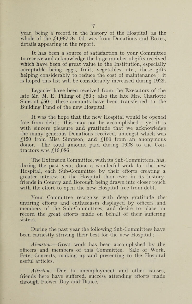 year, being a record in the history of the Hospital, as the whole of the £4,967 3s. Od. was from Donations and Boxes, details appearing in the report. It has been a source of satisfaction to your Committee to receive and acknowledge the large number of gifts received which have been of great value to the Institution, especially acceptable being eggs, fruit, vegetables, etc., these gifts helping considerably to reduce the cost of maintenance ; it is hoped this list will be considerably increased during 1929. Legacies have been received from the Executors of the late Mr. M. E. Pilling of £50 ; also the late Mrs. Charlotte Sims of £50 ; these amounts have been transferred to the Building Fund of the new Hospital. It was the hope that the new Hospital would be opened free from debt ; this may not be accomplished ; yet it is with sincere pleasure and gratitude that we acknowledge the many generous Donations received, amongst which was £150 from Miss Simpson, and £100 from an anonymous donor. The total amount paid during 1928 to the Con¬ tractors was £16,086. The Extension Committee, with its Sub-Committees, has, during the past year, done a wonderful work for the new Hospital, each Sub-Committee by their efforts creating a greater interest in the Hospital than ever in its history, friends in County and Borough being drawn into closer touch with the effort to open the new Hospital free from debt. Your Committee recognise with deep gratitude the untiring efforts and enthusiasm displayed by officers and members of the Sub-Committees, and desire to place on record the great efforts made on behalf of their suffering sisters. During the past year the following Sub-Committees have been earnestly striving their best for the new Hospital:— Alvaston.—Great work has been accomplished by the officers and members of this Committee. Sale of Work, Fete, Concerts, making up and presenting to the Hospital useful articles. Aljreton.—Due to unemployment and other causes, friends here have suffered, success attending efforts made through Flower Day and Dance,