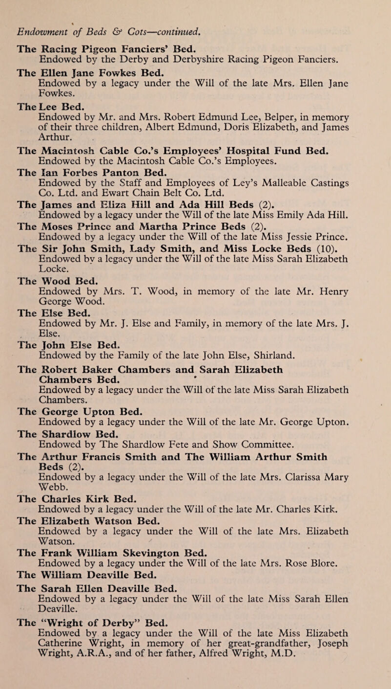 The Racing Pigeon Fanciers* Bed. Endowed by the Derby and Derbyshire Racing Pigeon Fanciers. The Ellen Jane Fowkes Bed. Endowed by a legacy under the Will of the late Mrs. Ellen Jane Fowkes. The Lee Bed. Endowed by Mr. and Mrs. Robert Edmund Lee, Belper, in memory of their three children, Albert Edmund, Doris Elizabeth, and James Arthur. The Macintosh Cable Co.’s Employees* Hospital Fund Bed. Endowed by the Macintosh Cable Co.’s Employees. The Ian Forbes Panton Bed. Endowed by the Staff and Employees of Ley’s Malleable Castings Co. Ltd. and Ewart Chain Belt Co. Ltd. The James and Eliza Hill and Ada Hill Beds (2). Endowed by a legacy under the Will of the late Aliss Emily Ada Hill. The Moses Prince and Martha Prince Beds (2). Endowed by a legacy under the Will of the late Aliss Jessie Prince. The Sir John Smith, Lady Smith, and Miss Locke Beds (10). Endowed by a legacy under the Will of the late Miss Sarah Elizabeth Locke. The Wood Bed. Endowed by Mrs. T. Wood, in memory of the late Air. Henry George Wood. The Else Bed. Endowed by Mr. J. Else and Family, in memory of the late Mrs. J. Else. The John Else Bed. Endowed by the Family of the late John Else, Shirland. The Robert Baker Chambers and Sarah Elizabeth Chambers Bed. Endowed by a legacy under the Will of the late Miss Sarah Elizabeth Chambers. The George Upton Bed. Endowed by a legacy under the Will of the late Mr. George Upton. The Shardlow Bed. Endowed by The Shardlow Fete and Show Committee. The Arthur Francis Smith and The William Arthur Smith Beds (2). Endowed by a legacy under the Will of the late Mrs. Clarissa Mary Webb. The Charles Kirk Bed. Endowed by a legacy under the Will of the late Mr. Charles Kirk. The Elizabeth Watson Bed. Endowed by a legacy under the Will of the late Mrs. Elizabeth Watson. The Frank William Skevington Bed. Endowed by a legacy under the Will of the late Airs. Rose Blore. The William Deaville Bed. The Sarah Ellen Deaville Bed. Endowed by a legacy under the Will of the late Miss Sarah Ellen Deaville. The “Wright of Derby” Bed. Endowed by a legacy under the Will of the late Miss Elizabeth Catherine Wright, in memory of her great-grandfather, Joseph Wright, A.R.A., and of her father, Alfred Wright, M.D.