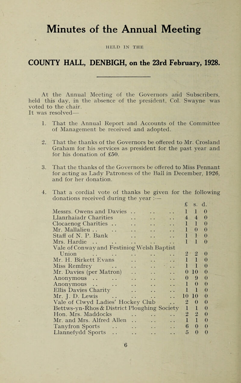 Minutes of the Annual Meeting HELD IN THE COUNTY HALL, DENBIGH, on the 23rd February, 1928. At the Annual Meeting of the Governors and Subscribers, held this day, in the absence of the president, Col. Swayne was voted to the chair. It was resolved— 1. That the Annual Report and Accounts of the Committee of Management be received and adopted. 2. That the thanks of the Governors be offered to Mr. Crosland Graham for his services as president for the past year and for his donation of £50. 3. That the thanks of the Governors be offered to Miss Pennant for acting as Lady Patroness of the Ball in December, 1926, and for her donation. 4. That a cordial vote of thanks be given for the following donations received during the year :— Messrs. Owens and Davies Llanrhaiadr Charities Clocaenog Charities Mr. Mallalieu Staff of N. P. Bank . Mrs. Hardie Vale of Conway and Festiniog Welsh Baptist Union Mr. H. Birkett Evans Miss Remfrey . . . . . . - . . Mr. Davies (per Matron) Anonymous Anonymous Ellis Davies Charity Mr. J. D. Lewis Vale of Clwyd Ladies’ Hockey Club Bettws-yn-Rhos & District Ploughing Society Hon. Mrs. Maddocks Mr. and Mrs. Alfred Allen Tanyfron Sports Llannefydd Sports £ s. d. 1 1 0 4 4 0 1 1 0 1 0 0 1 1 0 1 1 0 2 2 0 1 1 0 1 1 0 0 10 0 0 9 0 1 0 0 1 1 0 10 10 0 2 0 0 1 1 0 2 2 0 1 1 0 6 0 0 5 0 0