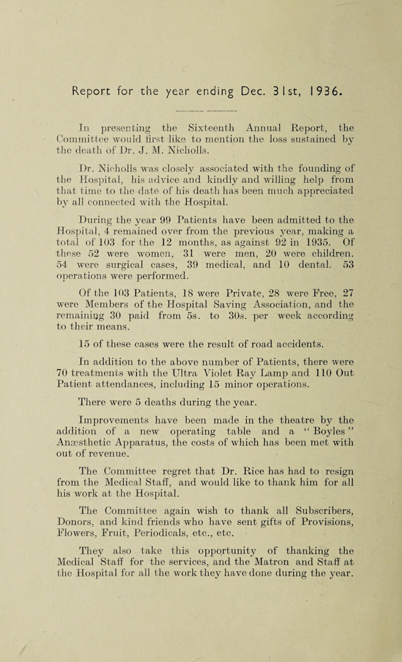 In presenting the Sixteenth Annual Report, the Committee would first like to mention the loss sustained by the death of l)r. J. M. Nicholls. Dr. Nicholls was closely associated with the founding of the Hospital, his advice and kindly and willing help from that time to the date of his death has been much appreciated bj^ all connected with the Hospital. During the year 99 Patients have been admitted to the Hospital, 4 remained over from the previous year, making a total of 103 for the 12 months, as against 92 in 1935. Of these 52 were women, 31 were men, 20 were children. 54 were surgical cases, 39 medical, and 10 dental. 53 operations were performed. Of the 103 Patients, 18 were Private, 28 were Free, 27 were Members of the Hospital Saving Association, and the remainmg 30 paid from 5s. to 30s. per week according to their means. 15 of these cases were the result of road accidents. In addition to the above number of Patients, there were 70 treatments with the Ultra Violet Ray Lamp and 110 Out Patient attendances, including 15 minor operations. There were 5 deaths during the year. Improvements have been made in the theatre by the addition of a new operating table and a “ Boyles ” Anaesthetic Apparatus, the costs of which has been met with out of revenue. The Committee regret that Dr. Rice has had to resign from the Medical Staff, and would like to thank him for all his work at the Hospital. The Committee again wish to thank all Subscribers, Donors, and kind friends who have sent gifts of Provisions, Flowers, Fruit, Periodicals, etc., etc. They also take this opportunity of thanking the Medical Staff for the services, and the Matron and Staff at the Hospital for all the work they have done during the year.