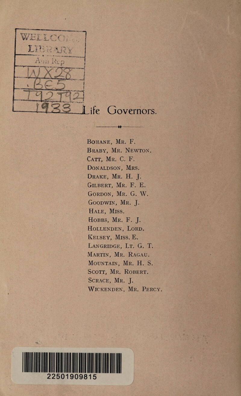 V »— Bohane, Mr. F. Braby, Mr. Newton. Catt, Mr. C. F. Donaldson, Mrs. Drake, Mr. H. J. Gilbert, Mr. F. E. Gordon, Mr. G. W. Goodwin, Mr. J. Hale, Miss. Hobbs, Mr. F. J. Hollenden, Lord. Kelsey, Miss. E. Langridge, Lt. G. T. Martin, Mr. Ragau. Mountain, Mr. H. S. Scott, Mr. Robert. Scrace, Mr. J. Wickenden, Mr. Percy.