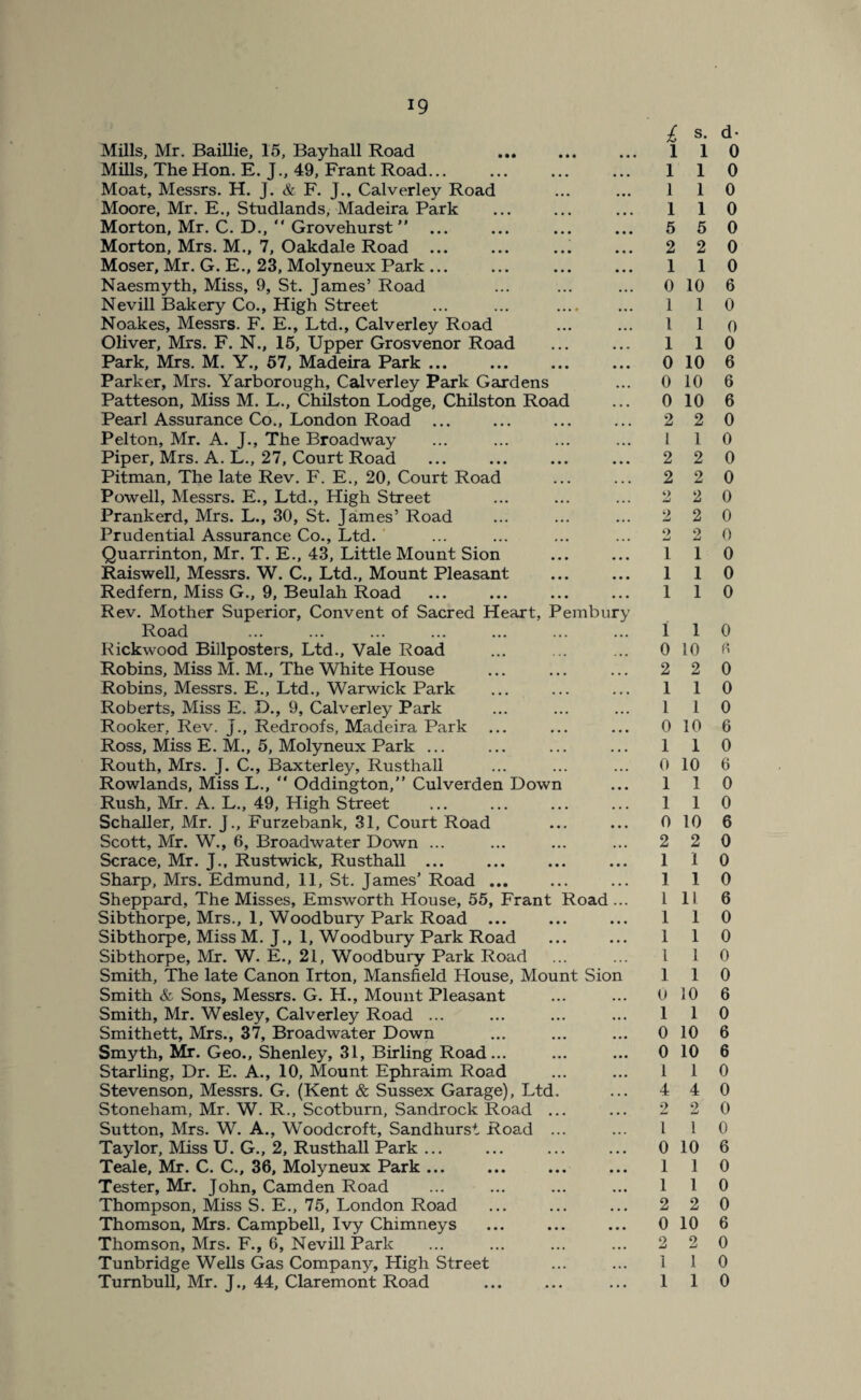 Mills, Mr. Baillie, 15, Bayhall Road Mills, The Hon. E. J., 49, Frant Road... Moat, Messrs. H. J. & F. J., Calverley Road Moore, Mr. E., Studlands, Madeira Park Morton, Mr. C. D.,  Grovehurst ” ... Morton, Mrs. M., 7, Oakdale Road ... Moser, Mr. G. E., 23, Molyneux Park ... Naesmyth, Miss, 9, St. James’ Road Nevill Bakery Co., High Street ... ... . Noakes, Messrs. F. E., Ltd., Calverley Road Oliver, Mrs. F. N., 15, Upper Grosvenor Road Park, Mrs. M. Y., 57, Madeira Park ... Parker, Mrs. Yarborough, Calverley Park Gardens Patteson, Miss M. L., Chilston Lodge, Chilston Road Pearl Assurance Co., London Road Pelton, Mr. A. J., The Broadway Piper, Mrs. A. L., 27, Court Road Pitman, The late Rev. F. E., 20, Court Road Powell, Messrs. E., Ltd., High Street Prankerd, Mrs. L., 30, St. James’ Road Prudential Assurance Co., Ltd. Quarrinton, Mr. T. E., 43, Little Mount Sion Raiswell, Messrs. W. C., Ltd., Mount Pleasant Redfern, Miss G., 9, Beulah Road Rev. Mother Superior, Convent of Sacred Heart, Pembury Road Rickwood Billposters, Ltd., Vale Road Robins, Miss M. M., The White House Robins, Messrs. E., Ltd., Warwick Park Roberts, Miss E. D., 9, Calverley Park Rooker, Rev. J., Redroofs, Madeira Park Ross, Miss E. M., 5, Molyneux Park ... Routh, Mrs. J. C., Baxterley, Rusthall Rowlands, Miss L., “ Oddington,” Culverden Down Rush, Mr. A. L., 49, High Street Schaller, Mr. J., Furze bank, 31, Court Road Scott, Mr. W., 6, Broadwater Down ... Scrace, Mr. J., Rustwick, Rusthall ... Sharp, Mrs. Edmund, 11, St. James’ Road ... Sheppard, The Misses, Emsworth House, 55, Frant Road ... Sibthorpe, Mrs., 1, Woodbury Park Road ... Sibthorpe, Miss M. J., 1, Woodbury Park Road Sibthorpe, Mr. W. E., 21, Woodbury Park Road Smith, The late Canon Irton, Mansfield House, Mount Sion Smith & Sons, Messrs. G. H., Mount Pleasant Smith, Mr. Wesley, Calverley Road ... Smithett, Mrs., 37, Broadwater Down Smyth, Mr. Geo., Shenley, 31, Birling Road... Starling, Dr. E. A., 10, Mount Ephraim Road Stevenson, Messrs. G. (Kent & Sussex Garage), Ltd. Stoneham, Mr. W. R., Scotburn, Sandrock Road ... Sutton, Mrs. W. A., Woodcroft, Sandhurst Road ... Taylor, Miss U. G., 2, Rusthall Park ... Teale, Mr. C. C., 36, Molyneux Park ... Tester, Mr. John, Camden Road Thompson, Miss S. E., 75, London Road Thomson, Mrs. Campbell, Ivy Chimneys Thomson, Mrs. F., 6, Nevill Park Tunbridge Wells Gas Company, High Street Turnbull, Mr. J., 44, Claremont Road 1 1 0 1 1 0 1 1 0 5 5 0 2 2 0 1 1 0 0 10 6 1 1 0 1 1 0 1 1 0 0 10 6 0 10 6 0 10 6 2 2 0 1 1 0 2 2 0 2 2 0 2 2 0 2 2 0 2 2 0 1 1 0 1 1 0 1 1 0 1 1 0 0 10 6 2 2 0 1 1 0 1 1 0 0 10 6 1 1 0 0 10 6 1 1 0 1 1 0 0 10 6 2 2 0 1 1 0 1 1 0 1 11 6 1 1 0 1 1 0 1 1 0 1 1 0 0 10 6 1 1 0 0 10 6 0 10 6 1 1 0 4 4 0 2 2 0 1 l 0 0 10 6 1 1 0 1 1 0 2 2 0 0 10 6 2 2 0 1 1 0 1 1 0