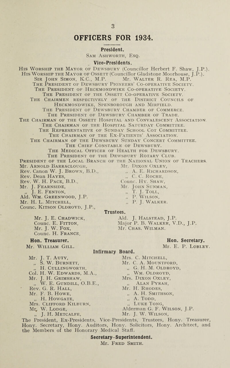 OFFICERS FOR 1934 President. Sam Ashworth, Esq. Vice-Presidents. His Worship the Mayor of Dewsbury (Councillor Herbert F. Shaw, J.P.). Elis Worship the Mayor of Ossett (Councillor Gladstone Moorhouse, J.P.). Sir John Simon, K.C., M.P. Mr. Walter R. Rea, M.P. The President of Dewsbury Pioneers’ Co-operative Society. The President of Heckmondwike Co-operative Society. The President of the Ossett Co-operative Society. The Chairmen respectively of the District Councils of Heckmondwike, Spenborough and Mirfield. The President of Dewsbury Chamber of Commerce. The President of Dewsbury Chamber of Trade. The Chairman of the Ossett Hospital and Convalescent Association. The Chairman of the Hospital Saturday Committee. The Representative of Sunday School Cot Committee. The Chairman of the Ex-Patients’ Association. The Chairman of the Dewsbury Sunday Concert Committee. The Chief Constable of Dewsbury. The Medical Officer of Health for Dewsbury. The President of the Dewsbury Rotary Club. President of the Local Branch of the National Union of Teachers. Mr. Arnold Barraclough, Rev. Canon W. J. Brown, B.D., Rev. Dean Hayes, Rev. W. H. Pace, B.D., Mr. J. Fearnside, „ J. E. Fenton, Aid. Wm. Greenwood, J.P. Mr. H. L. Mitchell, Counc. Kitson Oldroyd, J.P., Mr. J. E. Chadwick, Counc. E. Fitton, Mr. J. W. Fox, Counc. H. France, Hon. Treasurer. Mr. William Gill. Mr. Dixon Oxley, ,, A. E. Richardson, „ C. C. Roche, Counc. Hy. Shaw, Mr. John Sunman, „ T. J. Toll, ,, P. Wilson, ,, P. J. Walker. Trustees. Aid. J. Halstead, J.P. Major P. B. Walker, V.D., J.P. Mr. Chas. Wilman. Mr. J. T. Auty, „ S. W. Burnett, „ H. Cullingworth, Col. H. W. Edwards, M.A., Mr. J. H. Grimshaw, „ W. E. Gundill, O.B.E., Rev. G. R. Hall, Mr. F. B. Howe, „ H. Howgate, Mrs. Clifford Kilburn, Mr.. W. Lodge, „ J. H. Metcalfe, Hon. Secretary. Mr. E. P. Lobi.ey. Infirmary Board. Mrs. C. Mitchell, Mr. C. A. Mountford, ,, G. H. M. Oldroyd, „ Wm. Oldroyd, Mrs. Dixon Oxley, „ Alan Pyrah, Mr. H. Rhodes, „ A. H. Smithson, „ A. Todd, „ Luke Tong, Alderman G. F. Wilson, J.P. Mr. J. W. Wilson, The President, Ex-Presidents, Vice-Presidents, Trustees, Hony. Treasurer, Hony. Secretary, Hony. Auditors, Hony. Solicitors, Hony. Architect, and the Members of the Honorary Medical Staff. Secretary-Superintendent. Mr. Fred Smith.