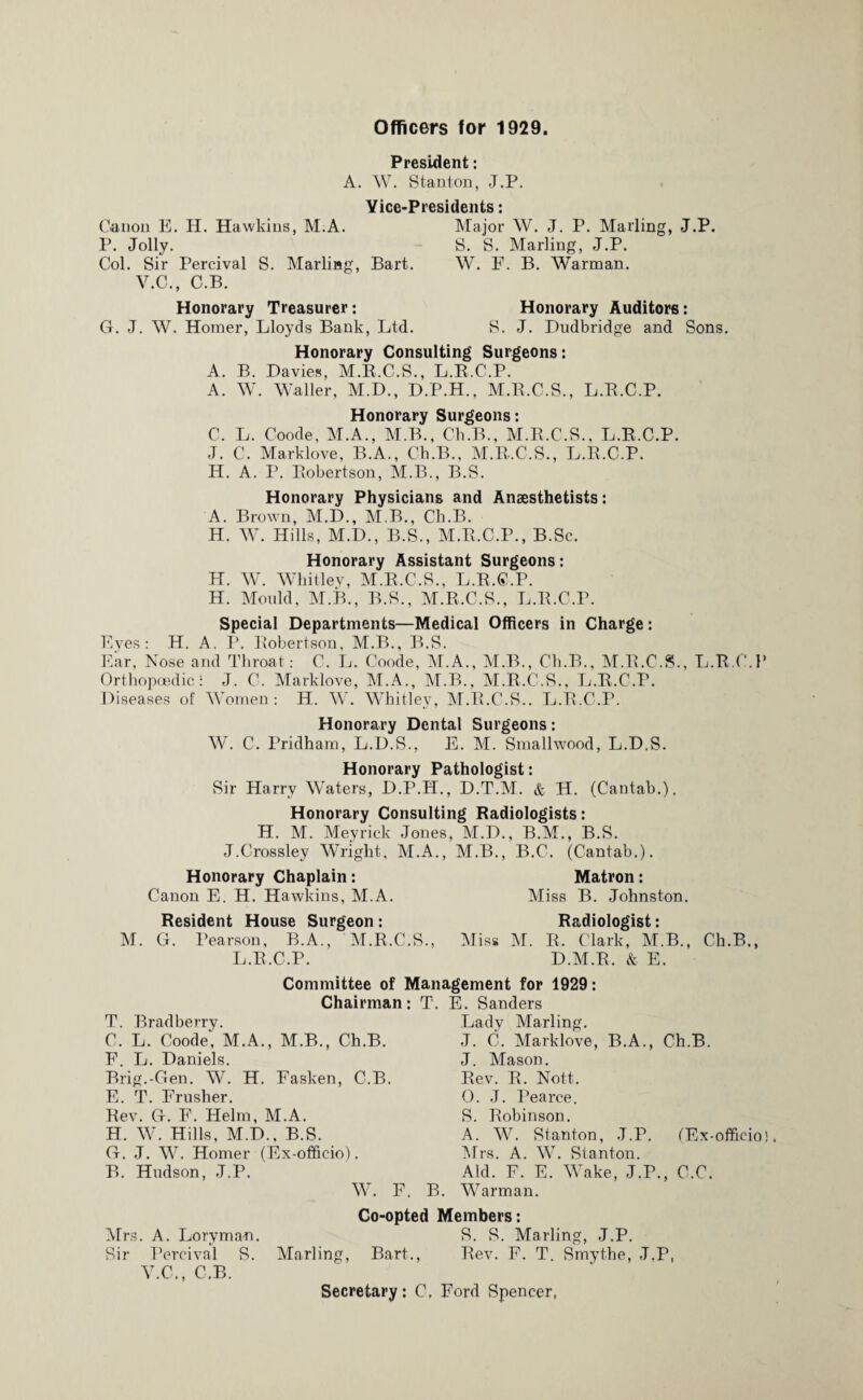 Officers for 1929. President: A. W. Stanton, J.P. Yice-Presidents: Canon E. H. Hawkins, M.A. Major W. J. P. Marling, J.P. P. Jolly. S. S. Marling, J.P. Col. Sir Percival S. Marling, Bart. W. F. B. Warman. V.C., C.B. Honorary Treasurer: Honorary Auditors: G. J. W. Homer, Lloyds Bank, Ltd. S. J. Dudbridge and Sons. Honorary Consulting Surgeons: A. B. Davies, M.R.C.S., L.R.C.P. A. W. Waller, M.D., D.P.H., M.R.C.S., L.R.C.P. Honorary Surgeons: C. L. Coode, M.A., M.B., Ch.B., M.R.C.S., L.R.C.P. J. C. Markiove, B.A., Ch.B., M.R.C.S., L.R.C.P. H. A. P. Robertson, M.B., B.S. Honorary Physicians and Anaesthetists: A. Brown, M.D., M.B., Ch.B. H. W. Hills, M.D., B.S., M.R.C.P., B.Sc. Honorary Assistant Surgeons: H. W. Whitley, M.R.C.S., L.R.C.P. H. Mould, M.B., B.S., M.R.C.S., L.R.C.P. Special Departments—Medical Officers in Charge: Eyes: H. A. P. Robertson, M.B., B.S. Ear, Nose and Throat: C. L. Coode, M.A., M.B., Ch.B., M.R.C.S., L.R.C.P Orthopoedic: J. C. Markiove, M.A., M.B., M.R.C.S., L.R.C.P. Diseases of Women : H. W. Whitley, M.R.C.S.. L.R.C.P. Honorary Dental Surgeons: W. C. Pridham, L.D.S., E. M. Smallwood, L.D.S. Honorary Pathologist: Sir Harry Waters, D.P.H., D.T.M. & H. (Cantab.). Honorary Consulting Radiologists: H. M. Meyrick Jones, M.D., B.M., B.S. J.Crossley Wright, M.A., M.B., B.C. (Cantab.). Honorary Chaplain: Matron: Canon E. H. Hawkins, M.A. Miss B. Johnston. Resident House Surgeon : Radiologist: M. G. Pearson, B.A., M.R.C.S., Miss M. R. Clark, M.B., Ch.B., L.R.C.P. D.M.R. & E. Committee of Management for 1929: Chairman: T. E. Sanders T. Brad berry. C. L. Coode', M.A., M.B., Ch.B. F. L. Daniels. Brig.-Gen. W. H. Fasken, C.B. E. T. Frusher. Rev. G. F. Helm, M.A. H. W. Hills, M.D., B.S. G. J. W. Homer (Ex-officio). B. Hudson, J.P. W. F. B. Lady Marling. J. C. Markiove, B.A., Ch.B. J. Mason. Rev. R. Nott. 0. J. Pearce. S. Robinson. A. W. Stanton, ,T.P. (Ex-officio) Mrs. A. W. Stanton. Aid. F. E. Wake, J.P., C.C. Warman. Co-opted Members: Mrs. A. Loryman. S. S. Marling, J.P. Sir Percival S. Marling, Bart., Rev. F. T. Smythe, J.P, V.C., C.B. Secretary: C, Ford Spencer,