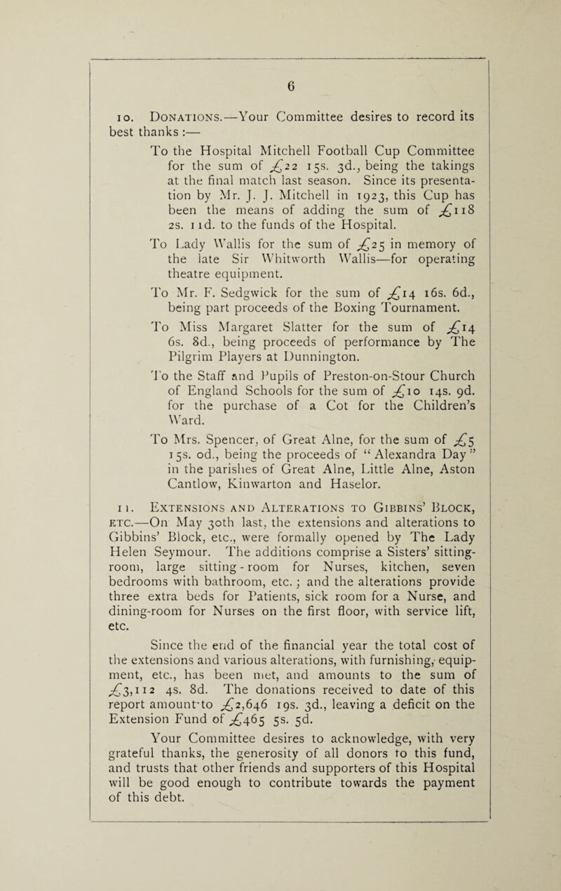 10. Donations.—Your Committee desires to record its best thanks :— To the Hospital Mitchell Football Cup Committee for the sum of £22 15s. 3d., being the takings at the final match last season. Since its presenta¬ tion by Mr. J. J. Mitchell in 1923, this Cup has been the means of adding the sum of ;£ii8 2S. 1 id. to the funds of the Hospital. To Lady Wallis for the sum of ^25 in memory of the late Sir Whitworth Wallis—for operating theatre equipment. To Mr. F. Sedgwick for the sum of ^14 16s. 6d., being part proceeds of the Boxing Tournament. To Miss Margaret Slatter for the sum of ^14 6s. 8d., being proceeds of performance by The Pilgrim Players at Dunnington. To the Staff and Pupils of Preston-on-Stour Church of England Schools for the sum of ^10 14s. 9d. for the purchase of a Cot for the Children’s Ward. To Mrs. Spencer, of Great Alne, for the sum of ^5 15s. od., being the proceeds of “Alexandra Day” in the parishes of Great Alne, Little Alne, Aston Cantlow, Kinwarton and Haselor. 11. Extensions and Alterations to Gibbins’ Block, etc.—On May 30th last, the extensions and alterations to Gibbins’ Biock, etc., were formally opened by The Lady Helen Seymour. The additions comprise a Sisters’ sitting- room, large sitting-room for Nurses, kitchen, seven bedrooms with bathroom, etc.; and the alterations provide three extra beds for Patients, sick room for a Nurse, and dining-room for Nurses on the first floor, with service lift, etc. Since the end of the financial year the total cost of the extensions and various alterations, with furnishing,- equip¬ ment, etc., has been met, and amounts to the sum of ^3,112 4s. 8d. The donations received to date of this report amount'to ,£2,646 19s. 3d., leaving a deficit on the Extension Fund of £465 5s. 5d. Your Committee desires to acknowledge, with very grateful thanks, the generosity of all donors to this fund, and trusts that other friends and supporters of this Hospital will be good enough to contribute towards the payment of this debt.