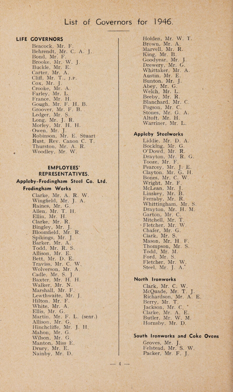 List of Governors for 1946. LIFE GOVERNORS Beacock, Mr. F. Behrendt, Mr. C. A. J. Bond, Mr’ F. Brooke, Mr. W. J. Buckle, Mr. E. Carter, Mr. A. Cliff, Mr. T., j.p. Cox, Mr. J. Crooke, Mr. A. Farley, Mr. L. France, Mr. FI. Gough, Mr. F. H. B. Groover, Mr. F. B. Ledger, Mr. S. Long, Mr. J. R. Morley, Mr. H. H. Owen, Mr. J. Robinson, Mr. E. Stuart Rust, Rev. Canon C. T. Thurston, Mr. A. R. Woodley, Mr. W. EMPLOYEES’ REPRESENTATIVES. Appleby-Frodingham Steel Co. Ltd. Frodingham Works Clarke, Mr. A. R. W. Wingfield, Mr. J. A. Raines, Mr. G. Allen, Mr. T. H. Ellin, Mr. H. Clarke, Mr. R. Bingley, Mr. J. Bloomfield, Mr. R. Spikings, Mr. J. Barker, Mr. A. Todd, Mr. R. S. Allison, Mr. E. Bett, Mr. D. E. Traviss, Mr. C. W. Wolverson, Mr. A. Cadle, Mr. S. J. Baxter, Mr. H. H. Walker, Mr. N. Marshall, Mr. F. Lewthwaite, Mr. J. Hilton, Mr. F. White, Mr. A. Ellis, Mr. G. Martin, Mr. F. L. (senr.) Allison, Mr. G. Hinchcliffe, Mr. J. H. Mahon, Mr. G. Wilson, Mr. G. Manton, Miss E. Drury, Mr. E. Nainby, Mr. D. Holden, Mr. W. T. Brown, Mr. A. Marvell, Mr. R. King, Mr. B. Goodyear, Mr. J. Drewery, Mr. G. Whittaker, Mr. A. Austin, Mr. E. Bunton, Mr. J. Abey, Mr. G. Welch, Mr. L. Beeby, Mr. R. Blanchard, Mr. C. Pogson, Mr. C. Stones, Mr. G. A. Altoft, Mr. H. Warriner, Mr. L. AppSeby Steelworks Liddie, Mr. D. A. Booking, Mr. G. O’Dowd, Mr. R. Drayton, Mr. R. G. Tooze, Mr. F. Pearcey, Mr. J. E. Clayton, Mr. G. H. Bones, Mr. C. W. Wright, Mr. F. McLean, Mr. J. Linskey, Mr. B. Ferraby, Mr. R. Whittingham, Mr. S. Drayton, Mr. H. M. Garton, Mr. C. Mitchell, Mr. T. * Fletcher, Mr. W. Chafer, Mr. G. Clark, Mr. S. Mason, Mr. H. F. Thompson, Mr. S. Todd, Mr. M. Ford, Mr. S. Fletcher, Mr. W. Steel, Mr. J. A. North Ironworks Clark, Mr. C. W. McQuade, Mr. T. J. Richardson, Mr. A. E. Berry, Mr. T. Jackson, Mr. C. Clarke, Mr. A. E. Butler, Mr. W. M. Hornsby, Mr. D. South Ironworks and Coke Ovens Groves, Mr. J. Felstead, Mr. S. W. Packer, Mr. F. J.