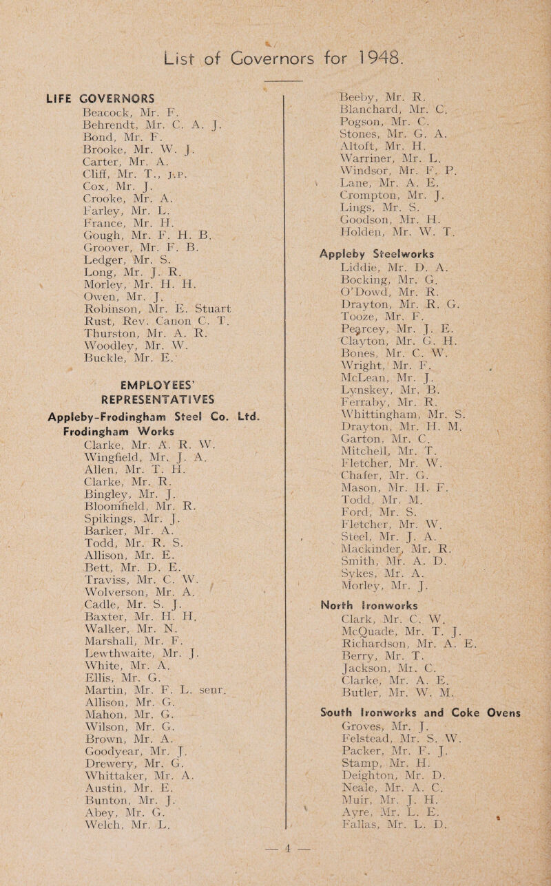 List of Governors for 1948. LIFE GOVERNORS Beacock, Mr. F. Behrendt, Mr. C. A. J. Bond, Mr. F. Brooke, Mr. W. J. Carter, Mr. A. Cliff, Mr. T., j.p. Cox, Mr. J. Crooke, Mr. A. Farley, Mr. L. France, Mr. H. Gough, Mr. F. H. B. Groover, Mr. F. B. Ledger, Mr. S. Long, Mr. J. R. Morley, Mr. H. H. Owen, Mr. J. Robinson, Mr. E. Stuart Rust, Rev. Canon C. T. Thurston, Mr. A. R. Woodley, Mr. W. Buckle, Mr. E.' EMPLOYEES’ REPRESENTATIVES Apple by-Eroding ham Steel Co. Ltd. Frodingham Works Clarke, Mr. A. R. W. Wingfield, Mr. J. A. Allen, Mr. T. H. Clarke, Mr. R. Bingley, Mr. J. Bloomfield, Mr. R. Spikings, Mr. J. Barker, Mr. A. Todd, Mr. R. S. Allison, Mr. E. Bett, Mr. D. E. Traviss, Mr. C. W. Wolverson, Mr. A. Ca.dle, Mr. S. J. Baxter, Mr. FI. IT. Walker, Mr. N. Marshall, Mr. F. Lewthwaite, Mr. J. White, Mr. A. Ellis, Mr. G. Martin, Mr. F. L. senr. Allison, Mr. G. Mahon, Mr. G. Wilson, Mr. G. Brown, Mr. A. Goodyear, Mr. J. Brewery, Mr. G. Whittaker, Mr. A. Austin, Mr. E. Bunton, Mr. J. Abey, Mr. G. Welch, Mr. L. Beeby, Mr. R. Blanchard, Mr. C. Pogson, Mr. C. Stones, Mr. G. A. Altoft, Mr. H. Warriner, Mr. L. Windsor, Mr. F. P. Lane, Mr. A. E. Crompton, Mr. J. Lings, Mr. S. Goodson, Mr. IT. Holden, Mr. W. T. Appleby Steelworks Liddie, Mr. D. A. Booking, Mr. G. O’Dowd, Mr. R. Drayton, Mr. R. G. Tooze, Mr. F. Pegucey, Mr. J. E. Clayton, Mr. G. H. Bones, Mr. C. W. Wright, Mr. F. McLean, Mr. J. Lynskey, Mr. B. Ferraby, Mr. R. Whittingham, Mr. S. Drayton, Mr. H. M. Garton, Mr. C. Mitchell, Mr. T. Fletcher, Mr. W. Chafer, Mr. G. Mason, Mr. H. F. Todd, Mr. M. Ford, Mr. S. Fletcher, Mr. W. Steel, Mr. J. A. Mackinder, Mr. R. Smith, Mr. A. D. Sykes, Mr. A. Morley, Mr. J. North Ironworks Clark, Mr. C. W. McQuade, Mr. T. J. Richardson, Mr. A. E. Berry, Mr. T. Jackson, Mi. C. Clarke, Mr. A. E. Butler, Mr. W. M. South Ironworks and Coke Ovens Groves, Mr. J. Felstead, Mr. S. W. Packer, Mr. F. J. Stamp, Mr. H. Deighton, Mr. D. Neale, Mr. A. C. Muir, Mr. J. H. Ay re, Mr. L. E. Fallas, Mr. L. D.