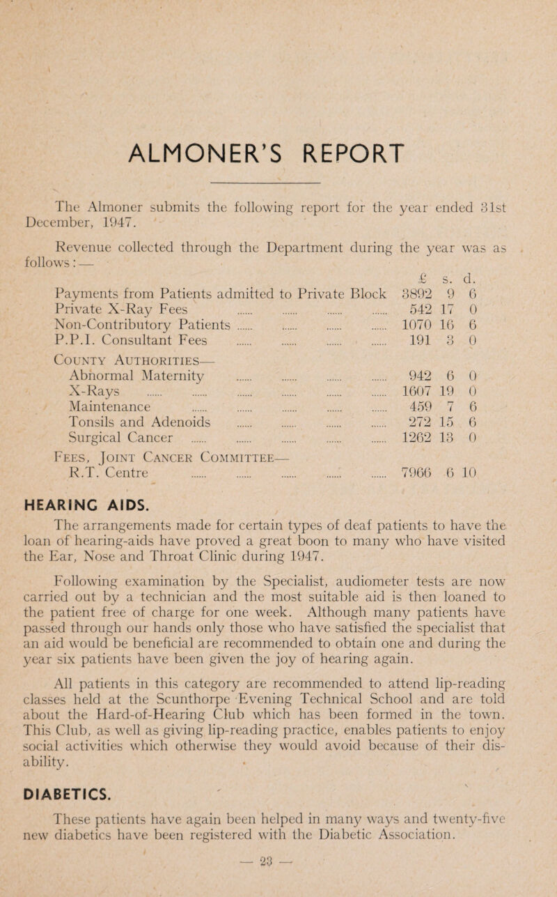 The Almoner submits the following report for the year ended 31st December, 1947. Revenue collected through the Department during the year follows: — £ s. Payments from Patients admitted to Private Block 3892 9 Private X-Ray Fees . 542 17 Non-Contributory Patients. 1070 10 P.P.l. Consultant Fees . . . . 191 3 County Authorities— Abnormal Maternity . 942 6 X-Rays . 1607 19 Maintenance . 459 7 Tonsils and Adenoids . 272 15 Surgical Cancer . 1262 13 Fees, Joint Cancer Committee— R.T. Centre . 7966 6 was as d. 6 0 6 0 0 0 6 6 0 10 HEARING AIDS. The arrangements made for certain types of deaf patients to have the loan of hearing-aids have proved a great boon to many who have visited the Ear, Nose and Throat Clinic during 1947. Following examination by the Specialist, audiometer tests are now carried out by a technician and the most suitable aid is then loaned to the patient free of charge for one week. Although many patients have passed through our hands only those who have satisfied the specialist that an aid would be beneficial are recommended to obtain one and during the year six patients have been given the joy of hearing again. All patients in this category are recommended to attend lip-reading classes held at the Scunthorpe Evening Technical School and are told about the Hard-of-Flearing Club which has been formed in the town. This Club, as well as giving lip-reading practice, enables patients to enjoy social activities which otherwise they would avoid because of their dis¬ ability. DIABETICS. These patients have again been helped in many ways and twenty-five new diabetics have been registered with the Diabetic Association.