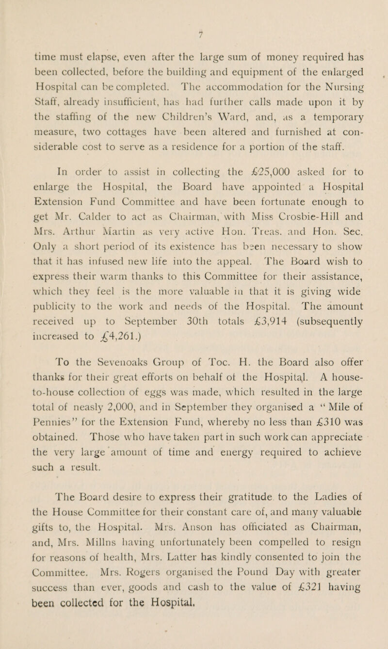 time must elapse, even after the large sum of money required has been collected, before the building and equipment of the enlarged Hospital can be completed. The accommodation for the Nursing Staff, already insufficient, has had further calls made upon it by the staffing of the new Children’s Ward, and, as a temporary measure, two cottages have been altered and furnished at con¬ siderable cost to serve as a residence for a portion of the staff. In order to assist in collecting the ;^'25,000 asked for to enlarge the Hospital, the Board have appointed a Hospital Extension Fund Committee and have been fortunate enough to get Mr. Calder to act as Chairman,With Miss Crosbie-Hill and Mrs. Arthur I\Iartin as very active Hon. Treas. and Hon. Sec. Only a short period of its existence has been necessary to show that it has infused new life into the appeal. The Board wish to express their warm thanks to this Committee for their assistance, which they feel is the more valuable in that it is giving wide publicity to the work and needs of the Hospital. The amount received up to September 30th totals ii3,914 (subsequently increased to ;^4,261.) To the Sevenoaks Group of Toe. H. the Board also offer thanks for their great efforts on behalf ot the Hospital. A house- to-house collection of eggs was made, which resulted in the large total of neasly 2,000, and in September they organised a “ Mile of Pennies” for the Extension Fund, whereby no less than £310 was obtained. Those who have taken part in such work can appreciate the very large amount of time and energy required to achieve such a result. The Board desire to express their gratitude to the Ladies of the House Committee for their constant care of, and many valuable gifts to, the Hospital. Mrs. Anson has officiated as Chairman, and, Mrs. Ivlillns having unfortunately been compelled to resign for reasons of health, Mrs. Latter has kindly consented to join the Committee. Mrs. Rogers organised the Pound Day with greater success than ever, goods and cash to the value of £321 having been collected for the Hospital.