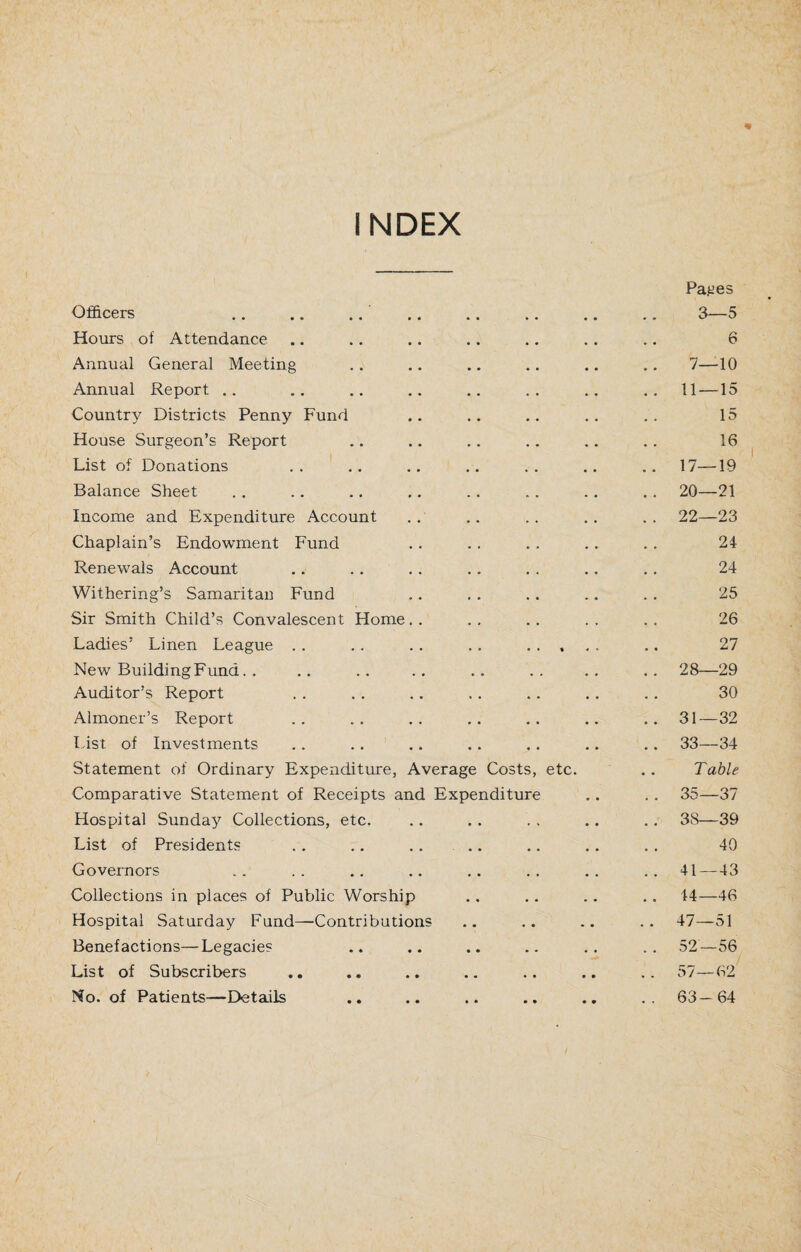 INDEX Pages Officers . . 3—5 Hours of Attendance .. .. .. .. .. .. .. 6 Annual General Meeting .. .. .. .. .. .. 7—10 Annual Report .. .. .. .. .. .. .. .. 11—15 Country Districts Penny Fund .. .. .. .. .. 15 House Surgeon’s Report .. .. .. .. .. .. 16 List of Donations .. .. .. .. .. .. .. 17—19 Balance Sheet . . .. .. .. .. . . .. . . 20—21 Income and Expenditure Account . . .. .. . . . . 22—23 Chaplain’s Endowment Fund .. .. .. .. .. 24 Renewals Account .. . . .. .. .. .. .. 24 Withering’s Samaritan Fund .. . . .. .. . . 25 Sir Smith Child’s Convalescent Home.. .. .. .. .. 26 Ladies’ Linen League .. . . . . .. ..... .. 27 New Building Fund.. .. .. .. .. .. .. .. 28—29 Auditor’s Report . . .. .. .. .. .. .. 30 Almoner’s Report .. .. .. .. .. .. .. 31—32 l ist of Investments . . .. .. . . .. .. .. 33—34 Statement of Ordinary Expenditure, Average Costs, etc. .. Table Comparative Statement of Receipts and Expenditure .. .. 35—37 Hospital Sunday Collections, etc. .. .. ., .. .. 38—39 List of Presidents .. .. .. .. .. .. .. 40 Governors .. .. .. .. .. .. .. .. 41—43 Collections in places of Public Worship .. .. .. .. 44—46 Hospital Saturday Fund—Contributions .. .. .. .. 47—51 Benefactions—Legacies .. .. .. .. .. .. 52—56 List of Subscribers .. .. .. .. .. .. .. 57—62 No. of Patients—Details .. .. .. .. .. .. 63—64