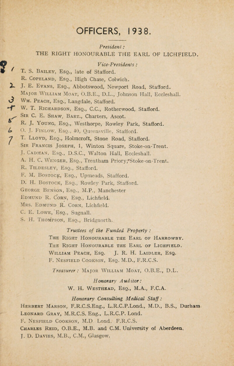 OFFICERS, 1938. President: THE RIGHT HONOURABLE THE EARL OF LICHFIELD. Vice-Presidents: ( T. S. Bailey, Esq., late of Stafford. R. Copeland, Esq., High Chase, Colwich. X J- E. Evans, Esq., Abbotswood, Newport Road, Stafford. Major William Moat, O.B.E., D.L., Johnson Hall, Eccleshall. v? Wm. Peach, Esq., Langdale, Stafford. W. T. Richardson, Esq., C.C., Rotherwood, Stafford. y $IR c. E. Shaw, Bart., Charters, Ascot. R. J. Young, Esq., Westhorpe, Rowley Park, Stafford. £ O. J. Finlow, Esq., 40, Queensville, Stafford. 7 T. Lloyd, Esq., Holmcroft, Stone Road, Stafford. Sir Francis Joseph, 1, Winton Square, Stoke-on-Trent. J. Cadman, Esq., D.S.C., Walton Hall, Eccleshall. A. H. C. Wenger, Esq., Trentham Priory/Stoke-on-Trent. R. Tildesley, Esq., Stafford. F. M. Bostock, Esq., Upmeads, Stafford. D. H. Bostock, Esq., Rowley Park, Stafford. George Benson, Esq., M.P., Manchester Edmund R. Corn, Esq., Lichfield. Mrs. Edmund R. Corn, Lichfield. C. E. Lowe,’Esq., Sugnall. S. H. Thompson, Esq., Bridgnorth. Trustees of the Funded Property : The Right Honourable the Earl of Harrowby. The Right Honourable the Earl of Lichfield. William Peach, Esq. J. R. H. Laidler, Esq. F. Nesfield Cookson, Esq. M.D., F.R.C.S. Treasurer: Major William Moat, O.B.E., D.L. Honorary Auditor: W. H. Westhead, Esq., M.A., F.C.A. Honorary Consulting Medical Staff: Herbert Marson, F.R.C.S.Eng., L.R.C.P.Lond., M.D., B.S., Durham Leonard Gray, M.R.C.S. Eng., L.R.C.P. Lond. F. Nesfield Cookson, M.D Lond. F.R.C.S. Charles Reid, O.B.E., M.B. and C.M. University of Aberdeen. J. D. Davies, M.B,, C.M.? Glasgow,