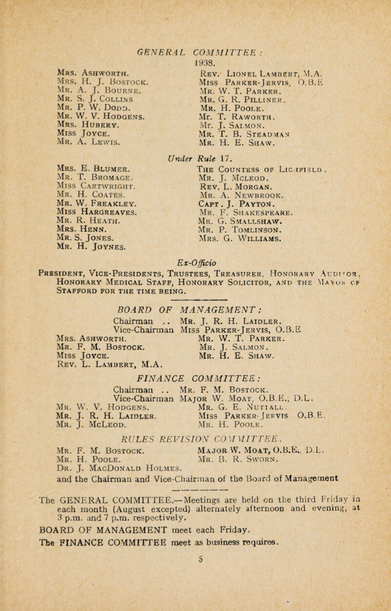 GENERAL COMMITTEE : Mrs. Ashworth. 1933. Rev. Lionel Lambert, M.A. Mrs. H. J. Bostock. Miss Parker-Jervis, O.B.F Mr. A. J. Bourne. Mr. W. T. Parker. Mr. S. J. Collins Mr. G. R. Pilliner. Mr. P. W. Dodd. Mr. H. Poole. Mr. W. V. Hodgens. Mr. T. Raworth. Mrs. Hubery. Mr. J. Salmon. Miss Joyce. Mr. T. B. Steadman Mr. A. Lewis. Mr. H. E. Shaw. Mrs. E. Blumer. Under Rule 17. The Countess of Lichfield Mr. T. Bromage. Mr. J. Mcleod. Miss Cartwright. Rev. L. .Morgan. Mr. H. Coates. Mr. A. Newbrook. Mr. W. Freakley. Capt . J. Payton. Miss Hargreaves. Mr. F. Shakespeare. Mr. R. Heath. Mr. G. Smallshaw. Mrs. Henn. Mr. P. Tomlinson. Mr. S. Jones. Mrs. G. Williams. Mr. H. Joynes. Ex-Officio President, Vice-Presidents, Trustees, Treasurer, Honorary Audi f or. Honorary Medical Staff, Honorary Solicitor, and the Mayor of Stafford for the time being. BOARD OF MANAGEMENT: Chairman .. Mr. J. R. H. Laidler. Vice-Chairman Miss Parker-Jervis, O.B.F Mrs. Ashworth. Mr. W. T. Parker. Mr. F. M. Bostock. Mr. J. Salmon. Miss Joyce. Mr. H. E. Shaw. Rev. L. Lambert, M.A. FINANCE COMMITTEE: Chairman .. Mr. F. M. Bostock. Vice-Chairman Major W. Moat, O.B.K., D.L. Mr. W. V. Hodgens. Mr. G. E. Nutt all. Mr. J. R. H. Laidler. Miss Parker-Jervis O.B.E. Mr. J. McLeod. Mr. H. Poole. RULES REVISION COMMITTEE. Mr. F. M. Bostock. Major W. Moat, O.B.E, D.L. Mr. H. Poole. Mr. B. R. Sworn. Dr. J. MacDonald Holmes. and the Chairman and Vice-Chairman of the Board of Management The GENERAL COMMITTEE.—Meetings are held on the third Friday in each month (August excepted) alternately afternoon and evening, at. 3 p.m. and 7 p.m. respectively. BOARD OF MANAGEMENT meet each Friday. The FINANCE COMMITTEE meet as business requires. o