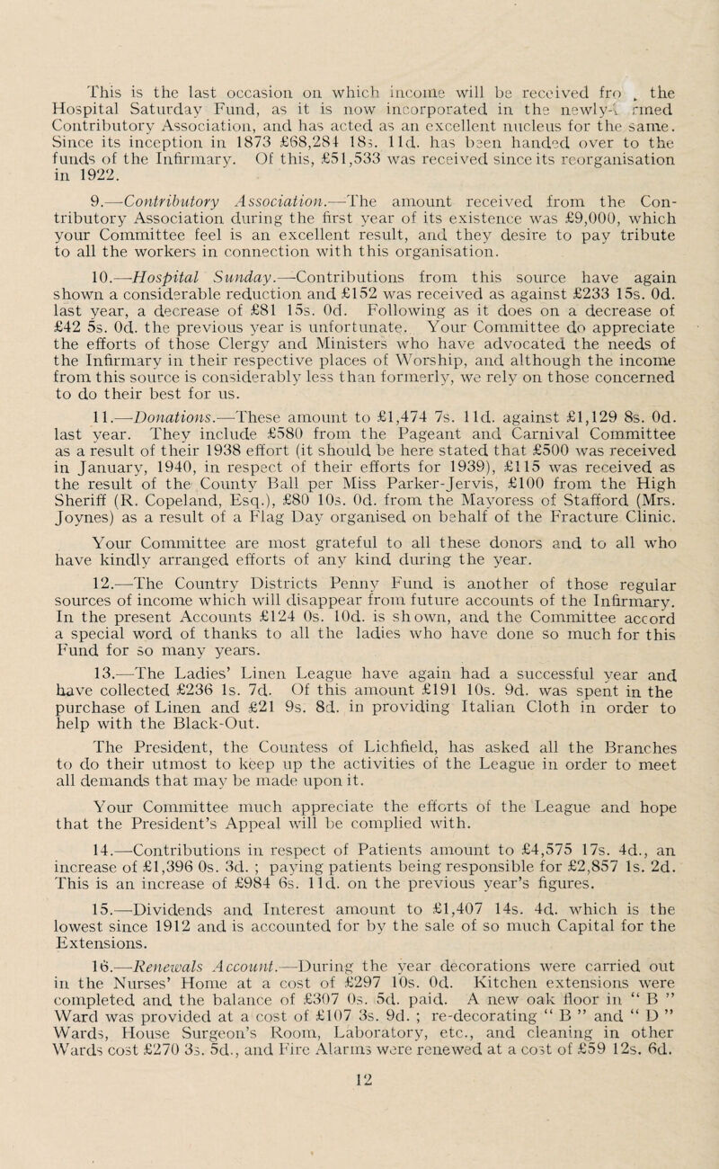 This is the last occasion on which income will be received fro „ the Hospital Saturday Fund, as it is now incorporated in the newly-l rmed Contributory Association, and has acted as an excellent nucleus for the same. Since its inception in 1873 £68,284 18;. lid. has been handed over to the funds of the Infirmary. Of this, £51,533 was received since its reorganisation in 1922. 9. —Contributory Association.—The amount received from the Con¬ tributory Association during the first year of its existence was £9,000, which your Committee feel is an excellent result, and they desire to pay tribute to all the workers in connection with this organisation. 10. —•Hospital Sunday.—- Contributions from this source have again shown a considerable reduction and £152 was received as against £233 15s. Od. last year, a decrease of £81 15s. 0c!. Following as it does on a decrease of £42 5s. Od. the previous year is unfortunate. Your Committee do appreciate the efforts of those Clergy and Ministers who have advocated the needs of the Infirmary in their respective places of Worship, and although the income from this source is considerably less than formerly, we rely on those concerned to do their best for us. 11. —Donations.—-These amount to £1,474 7s. lid. against £1,129 8s. Od. last year. They include £580 from the Pageant and Carnival Committee as a result of their 1938 effort (it should be here stated that £500 was received in January, 1940, in respect of their efforts for 1939), £115 was received as the result of the County Ball per Miss Parker-Jervis, £100 from the High Sheriff (R. Copeland, Esq.), £80 10s. Od. from the Mayoress of Stafford (Mrs. Joynes) as a result of a Flag Day organised on behalf of the Fracture Clinic. Your Committee are most grateful to all these donors and to all who have kindly arranged efforts of any kind during the year. 12. —The Country Districts Penny Fund is another of those regular sources of income which will disappear from future accounts of the Infirmary. In the present Accounts £124 0s. lOd. is shown, and the Committee accord a special word of thanks to all the ladies who have done so much for this Fund for so many years. 13. —The Ladies’ Linen League have again had a successful year and have collected £236 Is. 7d. Of this amount £191 10s. 9d. was spent in the purchase of Linen and £21 9s. 8d. in providing Italian Cloth in order to help with the Black-Out. The President, the Countess of Lichfield, has asked all the Branches to do their utmost to keep up the activities of the League in order to meet all demands that may be made upon it. Your Committee much appreciate the efforts of the League and hope that the President’s Appeal will be complied with. 14. —Contributions in respect of Patients amount to £4,575 17s. 4d., an increase of £1,396 0s. 3d. ; paying patients being responsible for £2,857 Is. 2d. This is an increase of £984 6s. lick on the previous year’s figures. 15. —-Dividends and Interest amount to £1,407 14s. 4d. which is the lowest since 1912 and is accounted for by the sale of so much Capital for the Extensions. 16. —Renewals Account.—During the year decorations were carried out in the Nurses’ Home at a cost of £297 10s. 0d. Kitchen extensions were completed and the balance of £307 0s. 5d. paid. A new oak floor in “ B ” Ward was provided at a cost of £107 3s. 9d. ; re-decorating “ B ” and “ D ” Wards, House Surgeon’s Room, Laboratory, etc., and cleaning in other Wards cost £270 3s. 5d., and Fire Alarms were renewed at a cost of £59 12s. 6d.