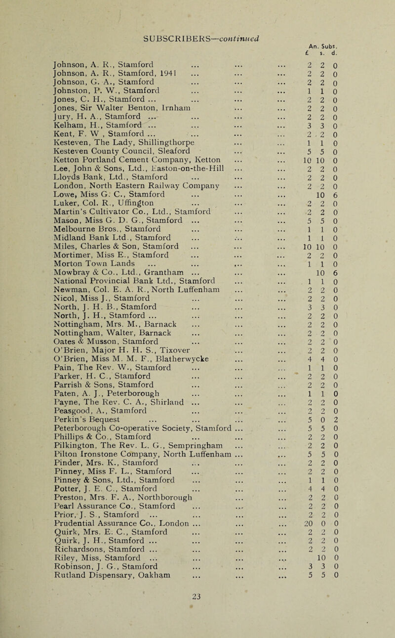 Johnson, A. R., Stamford Johnson, A. R., Stamford, 1941 Johnson, G. A., Stamford Johnston, P. W., Stamford Jones, C. PI., Stamford ... Jones, Sir Walter Benton, Irnham Jury, H. A., Stamford .... Kelham, H., Stamford ... Kent, F. W , Stamford ... ... Ivesteven, The Lady, Shillingthorpe Kesteven County Council, Sleaford Ketton Portland Cement Company, Ketton Lee, John & Sons, Ltd., Easton-on-the-Hill Lloyds Bank, Ltd., Stamford London, North Eastern Railway Company Lowe, Miss G. C., Stamford Luker, Col. R., Ufhngton Martin’s Cultivator Co., Ltd., Stamford Mason, Miss G. D. G., Stamford ... Melbourne Bros., Stamford Midland Bank Ltd., Stamford Miles, Charles & Son, Stamford Mortimer, Miss E., Stamford Morton Town Lands Mowbray & Co., Ltd., Grantham ... National Provincial Bank Ltd., Stamford Newman, Col. E. A. R., North Luffenham Nicol, Miss J., Stamford North, J. IT. B., Stamford North, J. H., Stamford ... Nottingham, Mrs. M., Barnack Nottingham, Walter, Barnack Oates & Musson, Stamford O’Brien, Major H. H. S., Tixover O’Brien, Miss M. M. F., Blatlierwycke Pain, The Rev. W., Stamford Parker, H. C., Stamford Parrish & Sons, Stamford Paten, A. J., Peterborough Payne, The Rev. C. A., Shirland ... Peasgood, A., Stamford Perkin’s Bequest Peterborough Co-operative Society, Stamford Phillips & Co., Stamford Pilkington, The Rev. L. G., Sempringham Pilton Ironstone Company, North Luffenham Pinder, Mrs. K., Stamford Pinney, Miss F. L., Stamford Pinney & Sons, Ltd., Stamford Potter, J. E. C., Stamford Preston, Mrs. F. A., Northborough Pearl Assurance Co., Stamford Prior, J. S., Stamford Prudential Assurance Co., London ... Quirk, Mrs. E. C., Stamford Quirk, J. IT., Stamford ... Richardsons, Stamford ... Riley, Miss, Stamford Robinson, J. G., Stamford Rutland Dispensary, Oakham An. Subs. £ s. d. 2 2 0 2 2 0 2 2 0 1 1 0 2 2 0 2 2 0 2 2 0 3 3 0 2 2 0 1 1 0 5 5 0 10 10 0 2 2 0 2 2 0 2 2 0 10 6 2 2 0 2 2 0 5 5 0 1 1 0 1 1 0 10 10 0 2 2 0 1 1 0 10 6 1 1 0 2 2 0 2 2 0 3 3 0 2 2 0 2 2 0 2 2 0 2 2 0 2 2 0 4 4 0 1 1 0 2 2 0 2 2 0 1 1 0 2 2 0 2 2 0 5 0 2 5 5 0 2 2 0 2 2 0 5 5 0 2 2 0 2 2 0 1 1 0 4 4 0 2 2 0 2 2 0 2 2 0 20 0 0 2 2 0 2 2 0 2 2 0 10 0 3 3 0 5 5 0