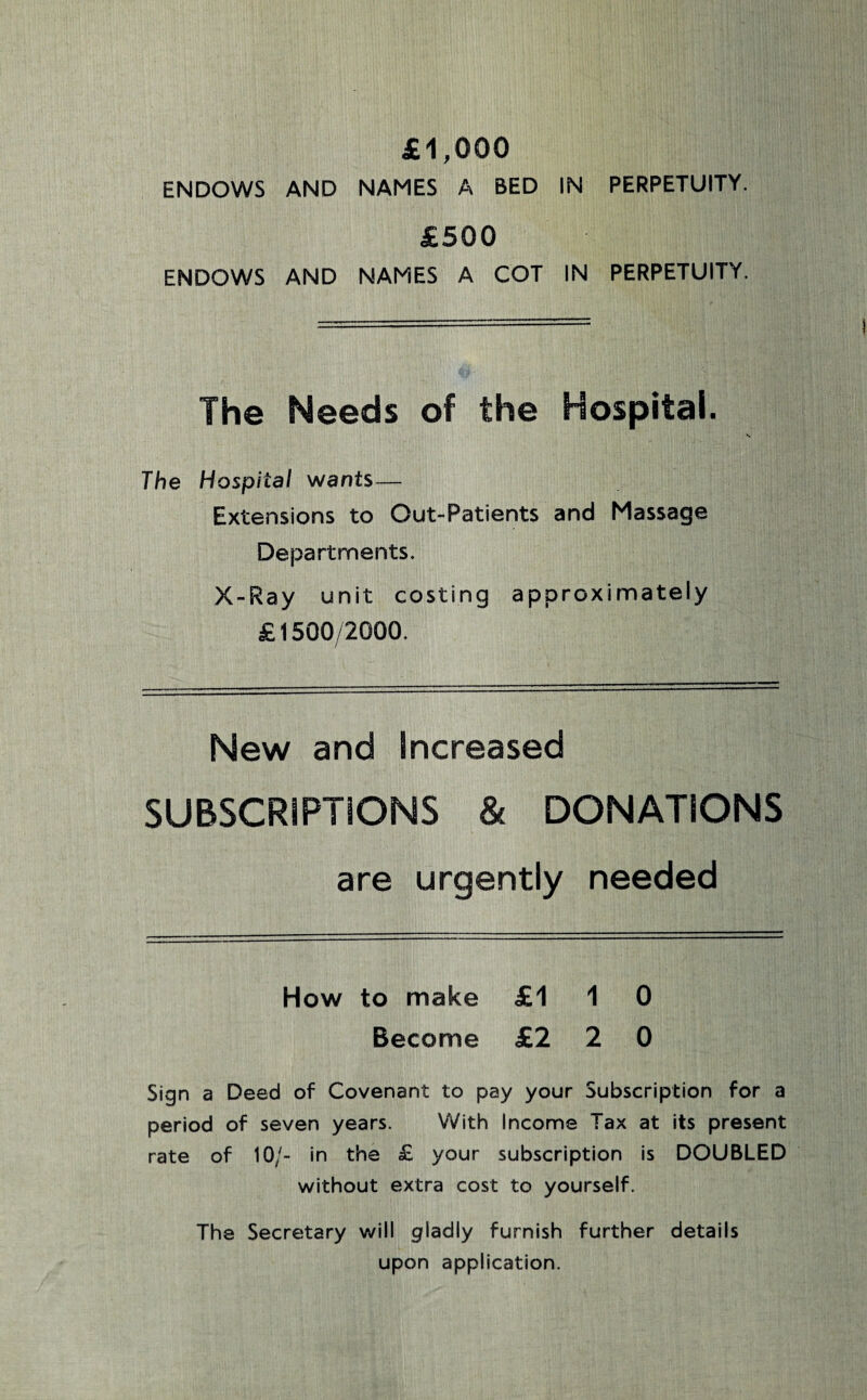 £1,000 ENDOWS AND NAMES A BED IN PERPETUITY. £500 ENDOWS AND NAMES A COT IN PERPETUITY. The Needs of the Hospital. The Hospital wants— Extensions to Out-Patients and Massage Departments. X-Ray unit costing approximately £1500/2000. New and Increased SUBSCRIPTIONS & DONATIONS are urgently needed How to make £110 Become £2 2 0 Sign a Deed of Covenant to pay your Subscription for a period of seven years. With Income Tax at its present rate of 10/- in the £ your subscription is DOUBLED without extra cost to yourself. The Secretary will gladly furnish further details upon application.