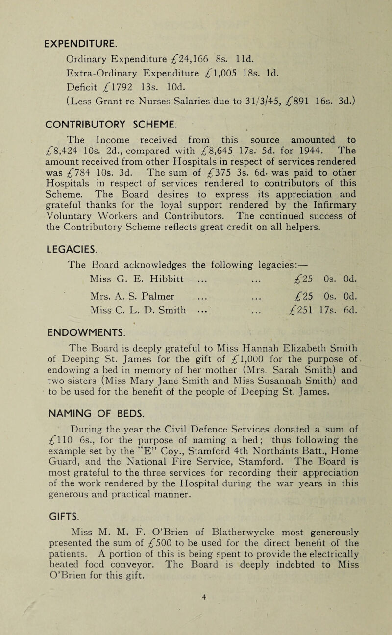 EXPENDITURE. Ordinary Expenditure /*24,166 8s. lid. Extra-Ordinary Expenditure 1,005 18s. Id. Deficit £1192 13s. lOd. (Less Grant re Nurses Salaries due to 31/3/45, £&9\ 16s. 3d.) CONTRIBUTORY SCHEME. • The Income received from this source amounted to ^8,424 10s. 2d., compared with £8,64-5 17s. 5d. for 1944. The amount received from other Hospitals in respect of services rendered was £18\ 10s. 3d. The sum of ,£T375 3s. 6d- was paid to other Hospitals in respect of services rendered to contributors of this Scheme. The Board desires to express its appreciation and grateful thanks for the loyal support rendered by the Infirmary Voluntary Workers and Contributors. The continued success of the Contributory Scheme reflects great credit on all helpers. LEGACIES. The Board acknowledges the following legacies:— Miss G. E. Hibbitt £25 0s. Od. Mrs. A. S. Palmer • • • £25 0s. 0d. Miss C. L. D. Smith ... £251 17s. 6d. ENDOWMENTS. The Board is deeply grateful to Miss Hannah Elizabeth Smith of Deeping St. James for the gift of /T,000 for the purpose of. endowing a bed in memory of her mother (Mrs. Sarah Smith) and two sisters (Miss Mary Jane Smith and Miss Susannah Smith) and to be used for the benefit of the people of Deeping St. James. NAMING OF BEDS. During the year the Civil Defence Services donated a sum of £110 6s., for the purpose of naming a bed; thus following the example set by the “E” Coy., Stamford 4th Northants Batt., Home Guard, and the National Fire Service, Stamford. The Board is most grateful to the three services for recording their appreciation of the work rendered by the Hospital during the war years in this generous and practical manner. GIFTS. Miss M. M. F. O’Brien of Blatherwycke most generously presented the sum of ^500 to be used for the direct benefit of the patients. A portion of this is being spent to provide the electrically heated food conveyor. The Board is deeply indebted to Miss O’Brien for this gift.