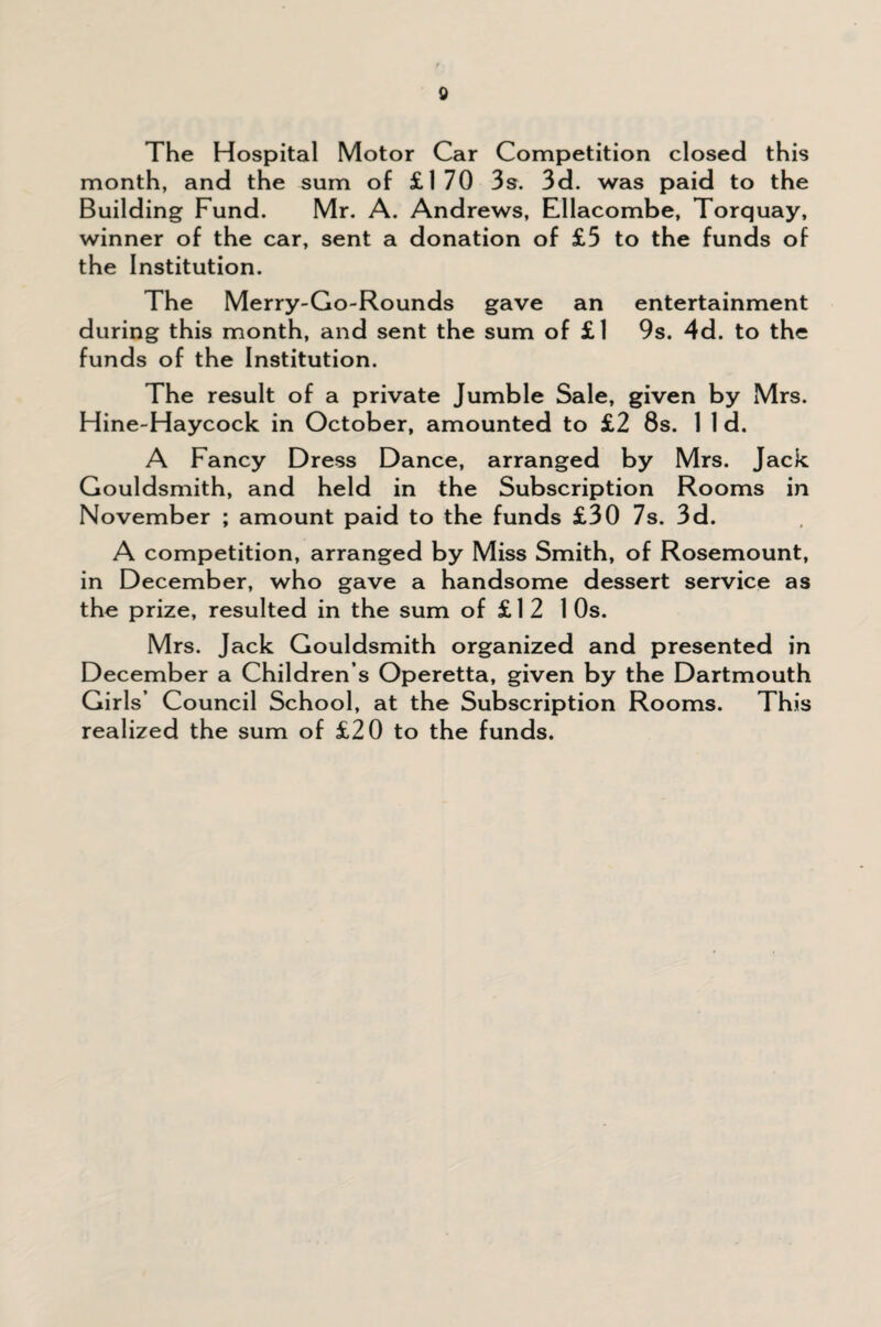 The Hospital Motor Car Competition closed this month, and the sum of £170 3s. 3d. was paid to the Building Fund. Mr. A. Andrews, Ellacombe, Torquay, winner of the car, sent a donation of £5 to the funds of the Institution. The Merry-Go-Rounds gave an entertainment during this month, and sent the sum of £l 9s. 4d. to the funds of the Institution. The result of a private Jumble Sale, given by Mrs. Hine-Haycock in October, amounted to £2 8s. 1 1 d. A Fancy Dress Dance, arranged by Mrs. Jack Gouldsmith, and held in the Subscription Rooms in November ; amount paid to the funds £30 7s. 3d. A competition, arranged by Miss Smith, of Rosemount, in December, who gave a handsome dessert service as the prize, resulted in the sum of £l 2 1 Os. Mrs. Jack Gouldsmith organized and presented in December a Children s Operetta, given by the Dartmouth Girls’ Council School, at the Subscription Rooms. This realized the sum of £20 to the funds.