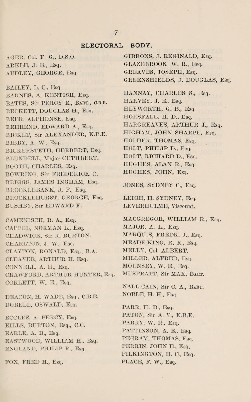 ELECTORAL BODY. xlGER, Col, P. G., D.S.O. ARKLE, J. B., Esq. AUDREY, GEORGE, Esq. BAILEY, L. C., Esq. BARNES, A. KENTISH, Esq. BATES, Sir PERCY E., Bart., c.b.e. BECKETT, DOUGLAS H., Esq. BEER, ALPHONSE, Esq. BEHREND, EDWARD A., Esq. BICKET, Sir ALEXANDER, K.B.E. BIBBY, A. W., Esq. BICKERSTETH, HERBERT, Esq. BLUNDELL, Major CUTHBERT. BOOTH, CHARLES, Esq. BOWRING, Sir FREDERICK C. BRIGGS, JAMES INGHAM, Esq. BROCKLEBANK, J. P., Esq. BROCKLEHURST, GEORGE, Esq. BUSHBY, Sir EDWARD F. CAMENISCH, R. A., Esq. CAPPEL, NORMAN L., Esq. CHADWICK, Sir R. BURTON. CHARLTON, J. W., Esq. CLAYTON, RONALD, Esq., B.A. CLEAVER, ARTHUR H. Esq. CONNELL, A. H., Esq. CRAWFORD, ARTHUR HUNTER, Esq. CORLETT, W. E., Esq. DEACON, H. WADE, Esq., C.B.E. DOBELL, OSWALD, Esq. ECCLES, A. PERCY, Esq. EILLS, BURTON, Esq., C.C. EARLE, A. B., Esq. EASTWOOD, WILLIAM H., Esq. ENGLAND, PHILIP R., Esq. FOX, FRED H., Esq. GIBBONS, J. REGINALD, Esq. GLAZEBROOK, W. R., Esq. GREAVES, JOSEPH, Esq. GREENSHIELDS, J. DOUGLAS, Esq. HANNAY, CHARLES S., Esq. HARVEY, J. E., Esq. HEYWORTH, G. B., Esq. HORSFALL, H. D., Esq. HARGREAVES, ARTHUR J., Esq. HIGHAM, JOHN SHARPE, Esq. HOLDER, THOMAS, Esq. HOLT, PHILIP D., Esq. HOLT, RICHARD D., Esq. HUGHES, ALAN R., Esq. HUGHES, JOHN, Esq. JONES, SYDNEY C., Esq. LEIGH, H. SYDNEY, Esq. LEVERHULME, Viscount. MACGREGOR, WILLIAM R., Esq. MAJOR, A. L., Esq. MARQUIS, FREDK. J., Esq. MEADE-KING, R. R., Esq. MELLY, Col. ALBERT. MILLER, ALFRED, Esq. MOUNSEY, W. E., Esq. MUSPRATT, Sir MAX, Bart. NALL-CAIN, Sir C. A., Bart. NOBLE, H. H., Esq. PARR, H. B., Esq. PATON, Sir A. V., K.B.E. PARRY, W. R., Esq. PATTINSON, A. E., Esq. PEGRAM, THOMAS, Esq. PERRIN, JOHN E., Esq. PILKINGTON, H. C., Esq. PLACE, F. W., Esq.