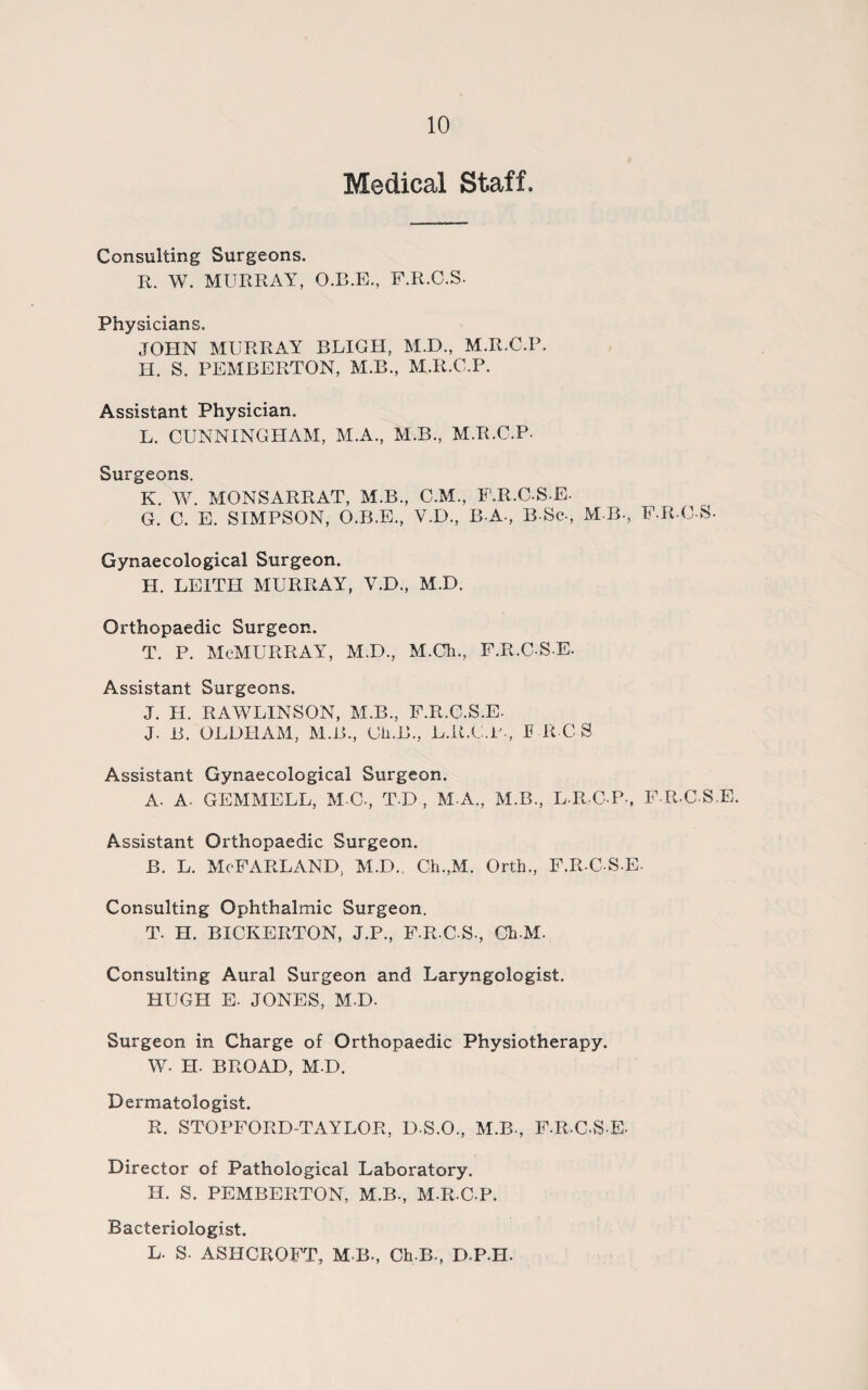 Medical Staff. Consulting Surgeons. R. W. MURRAY, O.B.E., F.R.C.S- Physicians. JOHN MURRAY RLIGH, M.D., M.R.C.P. H. S. PEMBERTON, M.B., M.R.C.P. Assistant Physician. L. CUNNINGHAM, M.A., M.B., M.R.C.P- Surgeons. K. W. MONSARRAT, M.B., C.M., F.R.C-S-E- G. C. E. SIMPSON, O.B.E., V.D., B-A-, B-Sc-, M B-, F.R-C-S. Gynaecological Surgeon. H. LEITH MURRAY, V.D., M.D. Orthopaedic Surgeon. T. P. McMURRAY, M.D., M.Ch., F.R.C-S-E. Assistant Surgeons. J. H. RAWLINSON, M.B., F.R.C.S.E- J. B. OLDHAM, M.B., Ch.B., L.R.C.P-, FR CS Assistant Gynaecological Surgeon. A. A- GEMMELL, M-C-, T-D , M-A., M.B., L-R-C-P-, F-R-C-S.E. Assistant Orthopaedic Surgeon. B. L. McFARLAND, M.D., Ch.,M. Orth., F.R-C S-E- Consulting Ophthalmic Surgeon. T. H. BICKERTON, J.P., F.R-C-S., Ch-M- Consulting Aural Surgeon and Laryngologist. HUGH E. JONES, M.D. Surgeon in Charge of Orthopaedic Physiotherapy. W- H. BROAD, M-D. Dermatologist. R. STOPFORD-TAYLOR, D-S.O, M.B-, F-R-C-S-E- Director of Pathological Laboratory. H. S. PEMBERTON, M.B., M.R.C.P. Bacteriologist. L. S- ASHCROFT, M B., Ch B., D-P.H.