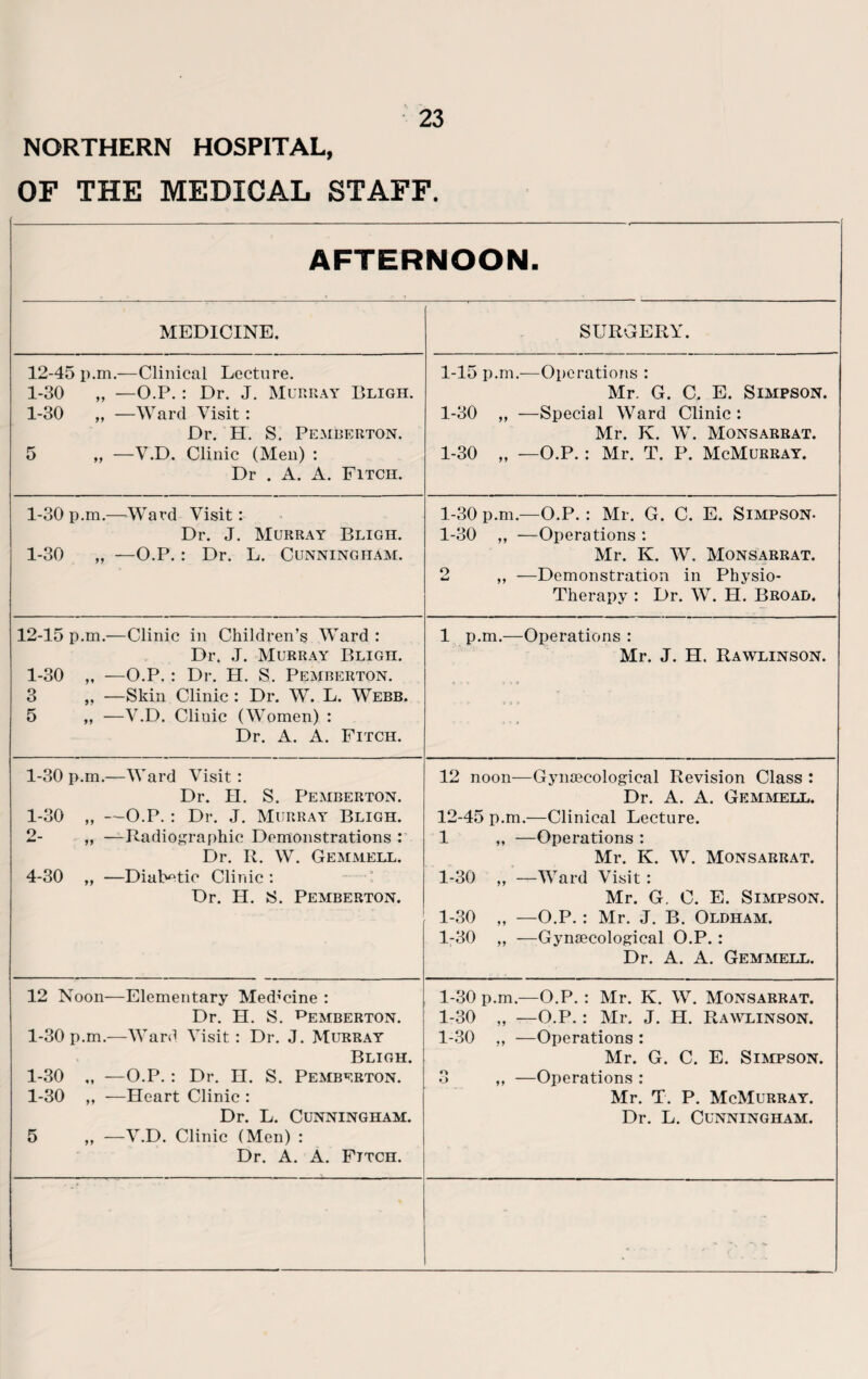 NORTHERN HOSPITAL, OF THE MEDICAL STAFF. AFTERNOON. MEDICINE. SURGERY. 12-45 p.m.—Clinical Lecture. 1-30 „ —O.P.: Dr. J. Murray Bligh. 1-30 ,, —Ward Visit : Dr. H. S. Pemberton. 5 „ —V.D. Clinic (Men) : Dr . A. A. Fitch. 1-15 p.m.-—Operations : Mr. G. C. E. Simpson. 1-30 „ —Special Ward Clinic: Mr. K. W. Monsarrat. 1-30 „ —O.P.: Mr. T. P. McMurray. 1-30 p.m.-—Ward Visit: Dr. J. Murray Bligh. 1-30 „ —O.P. : Dr. L. Cunningham. 1-30 p.m.—O.P. : Mr. G. C. E. Simpson- 1-30 „ —Operations : Mr. K. W. Monsarrat. 2 ,, —Demonstration in Physio- Therapy : Dr. W. H. Broad. 12-15 p.m.—Clinic in Children’s Ward: Dr. J. Murray Bligh. 1-30 „ —O.P. : Dr. H. S. Pemberton. 3 „ —Skin Clinic : Dr. W. L. Webb. 5 „ —V.D. Clinic (Women) : Dr. A. A. Fitch. 1 p.m.—Operations : Mr. J. H. Rawlinson. 1-30 p.m.—Ward Visit : Dr. H. S. Pemberton. 1- 30 „ —O.P. : Dr. J. Murray Bligh. 2- „ —Radiographic Demonstrations : Dr. II. W. Gemmell. 4-30 ,, —Diabetic Clinic : Dr. H. S. Pemberton. 12 noon-—Gynaecological Revision Class : Dr. A. A. Gemmell. 12-45 p.m.—Clinical Lecture. 1 ,, —Operations : Mr. K. W. Monsarrat. 1-30 „ —Ward Visit : Mr. G. C. E. Simpson. 1-30 „ —O.P. : Mr. J. B. Oldham. 1-30 „ —Gynaecological O.P. : Dr. A. A. Gemmell. 12 Noon—Elementary Medicine : Dr. H. S. Pemberton. 1-30 p.m.—Ward Visit: Dr. J. Murray Bligh. 1-30 „ —O.P.: Dr. II. S. Pemberton. 1-30 ,, —Heart Clinic : Dr. L. Cunningham. 5 „ —V.D. Clinic (Men) : Dr. A. A. Fitch. 1-30 p.m.—O.P. : Mr. K. W. Monsarrat. 1-30 „ —O.P.: Mr. J. H. Rawlinson. 1-30 ,, —Operations : Mr. G. C. E. Simpson. 3 „ —Operations : Mr. T. P. McMurray. Dr. L. Cunningham.