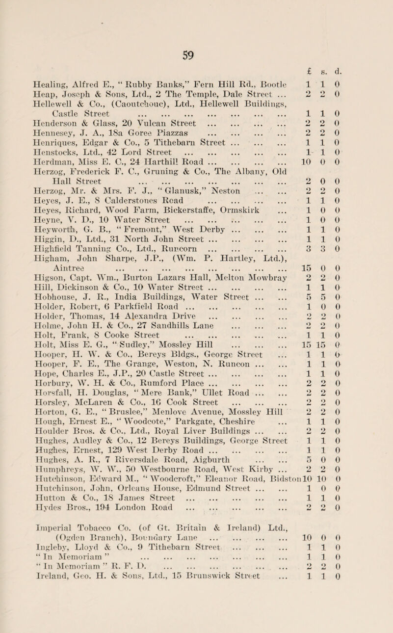 f s. d. Healing, Alfred E., “ Rubby Banks,” Fern Hill Rd., Bootle 110 Heap, Joseph & Sons, Ltd., 2 The Temple, Dale Street ... 2 2 0 Hellewell & Co., (Caoutchouc), Ltd., Hellewell Buildings, Castle Street ... ... ... ... ... ... ... 1 1 0 Henderson & Glass, 20 Vulcan Street . ... 2 2 0 Hennesey, J. A., 18a Goree Piazzas . • • • 2 2 0 Henriques, Edgar & Co., 5 Tithebarn Street. ... 1 1 0 Henstocks, Ltd., 42 Lord Street . . , . 1 1 0 Herdman, Miss E. C., 24 Harthill Road. ... 10 0 0 Herzog, Frederick F. C., Gruning & Co., The Albany , Old Hall Street . ... 2 0 0 Herzog, Mr. & Mrs. F. J,, “ Glanusk,” Neston ... 9 SmJ o t-J 0 Heyes, J. E., 8 Calderstones Road . ... 1 1 0 Heyes, Richard, Wood Farm, Bickerstaffe, Ormskirk ... 1 0 0 Ileyne, V. D., 10 Water Street . ... 1 0 0 Heywortih, G. B., “ Fremont,” West Derby. ... 1 1 0 Higgin, D., Ltd., 31 North John Street. ... 1 1 0 Highfield Tanning Co., Ltd., Runcorn . ... 3 Q O 0 Higham, John Sharpe, J.P., (Wm. P. Hartley, Ltd.), 111 tl 6t3 ••• ••• ••• ••• • * • ••• ••• ... 15 0 0 Iligson, Capt. Wm., Burton Lazars Hall, Melton Mowbray o dmJ 2 0 Hill, Dickinson & Co., 10 Water Street. ... 1 1 0 Hobhouse, J. R., India Buildings, Water Street ... ... 5 5 0 Holder, Robert, 6 Parkfiehl Road. ... 1 0 0 Holder, Thomas, 14 Alexandra Drive . 2 9 0 Holme, John H. & Co., 27 Sandhills Lane . ... 9 2 0 Holt, Frank, 8 Cooke Street . ... 1 1 0 Holt, Miss E. G., “ Sud'ley,” Mossley Hill . 15 15 0 Hooper, H. W. & Co., Bereys Bldgs., George Street ... 1 1 0 Hooper, F. E., The Grange, Weston, N. Runcon ... ... 1 1 0 Hope, Charles E., J.P., 20 Castle Street. • • • 1 1 0 Horbury, W. H. & Co., Rumford Place. • • • 2 9 0 Horsfall, PI. Douglas, “Mere Bank,” Ullet Road ... ... 2 2 0 Horsley, McLaren & Co., 10 Cook Street . • • • o Aa* 2 0 Horton, G. E., “ Bruslee,” Menlove Avenue, Mossley Hill 2 2 0 Hough, Ernest E., “ Woodcote,” Parkgate, Cheshire ... 1 1 0 Houlder Bros. & Co., Ltd., Royal Liver Buildings ... ... O 2 0 Hughes, Audley & Co., 12 Bereys Buildings, George Street 1 1 0 Hughes, Ernest, 129 West Derby Road. . . . 1 1 0 Hughes, A. R., 7 Riversdale Road, Aigburth ... 5 0 0 Humphreys, W. W., 50 Westbourne Road, West Kirby ... 9 tmi 2 0 Hutchinson, Edward M., “ Woodcroft,” Eleanor Road, Bidston 10 10 0 Hutchinson, John, Orleans House, Edmund Street ... ... 1 0 0 Hutton & Co., 18 James Street . • • • 1 1 0 Hydes Bros., 194 London Road . • • • 9 9 0 Imperial Tobacco Co. (of Gt. Britain & Ireland) Ltd., (Ogden Branch), Boundary Lane . • • • 10 0 0 Ingleby, Lloyd & Co., 9 Tithebarn Street . . . , 1 1 0 “ In Memoriam ” . ... 1 1 0 “ In Memoriam ” R. F. D. ... 2 9 0 Ireland, Geo. H. & Sons, Ltd., 15 Brunswick Street • • • 1 1 0