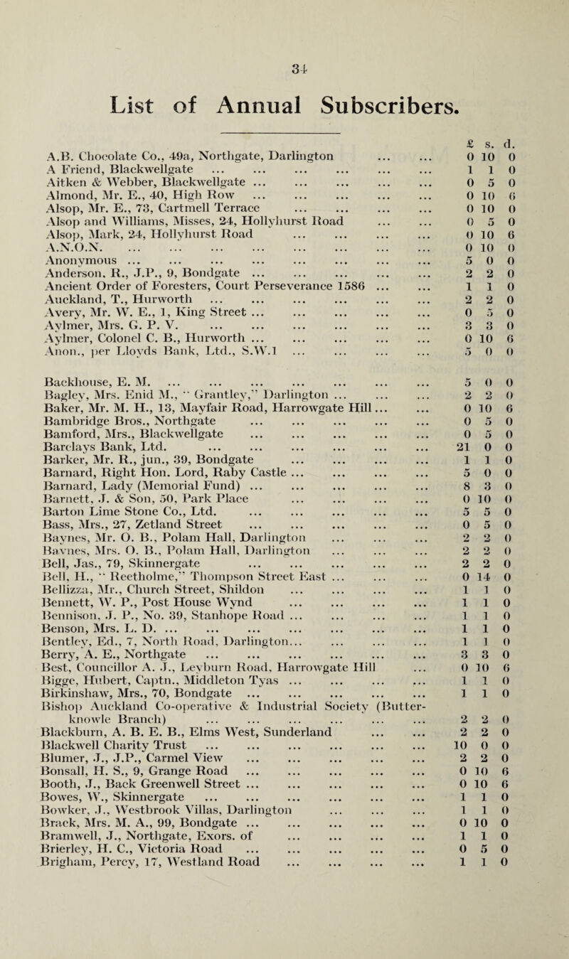 List of Annual Subscribers. A.B. Chocolate Co., 49a, Nortligate, Darlington £ 0 s. 10 A Friend, Blackwellgate • • • 1 1 Aitken & Webber, Blackwellgate ... • • • 0 5 Almond, Mr. E., 40, High Row • * • 0 10 Alsop, Mr. E., 73, Cartmell Terraee • • • 0 10 Alsop and Williams, Misses, 24, Holh hurst Road • • • 0 5 Alsop, Mark, 24, Hollyhiirst Road • • • 0 10 A.N.O.X. • » • 0 10 Anonymous ... 5 0 Anderson. R., .T.P., 9, Bondgate ... 2 2 Aneient Order of Foresters, Court Perseverance 1586 ... • • • 1 1 Auckland, T., Hurworth • • • 2 2 Avery, Mr. W. E., 1, King Street ... • * * 0 5 Avlmer, Mrs. 0. P. V. • • • 3 3 Aylmer, Colonel C. B., Hurworth ... • • • 0 10 Anon., ])er Lloyds Bank, Ltd., S.W.l ... 5 0 Backlionse, E. INI. 5 0 Bagiev, Mrs. Enid M.,  Grantley,” Darlington ... • • • 2 2 Baker, Mr. M. H., 13, Mayfair Road, Harrowgate Hill... • • • 0 10 Bambridge Bros., Northgate • • • 0 5 Bamford, Mrs., Blackwellgate • • • 0 a Barclays Bank, Ltd. • • * 21 0 Barker, Mr. R., jun., 39, Bondgate • • « 1 1 Barnard, Right Hon. Lord, Raby Castle ... • • • 5 0 liarnard, Lady (Memorial Fund) ... • • • 8 3 Barnett, .1. & Son, 50, Park Place • • • 0 10 Barton Lime Stone Co., Ltd. • • • 5 5 Bass, Mrs., 27, Zetland Street • • • 0 5 Bavnes, Mr. O. B., Polam Hall, Darlington • • • 2 2 Bavnes, Mrs. O. B., Polam Hall, Darlington 2 2 Bell, ,Tas., 79, Skinnergate 2 2 Bell, H., ■’ Reetholme,” Thompson Street East ... • • • 0 14 Bellizza, IMr., Church Street, Shildon • • • 1 1 Bennett, W. P., Post House Wynd 1 1 Bcnnison, .1, P., No. 39, Stanhope Road ... • • • 1 1 Benson, Mrs. L. D. ... 1 1 Bentlev, Ed., 7, North Road, Darlington... • • • 1 ] Berry, A. E., Northgate 3 3 Best, Councillor A. .1., l^eyburn Road, Harrowgate Hill • • • 0 10 Bigge, Hubert, Ca))tn., Middleton Tyas ... • • • 1 1 Birkinshaw, Mrs., 70, Bondgate • • • 1 1 Bislioj) Auckland Co-o})erative & Industrial Society (Butter- knowle Branch) 2 2 Blackburn, A. B. E. B., Elms West, Sunderland • * • 2 2 Blackwell Charity Trust • • • 10 0 Blumer, .T., .T.P., Carmel View • • • 2 2 Bonsall, II. S., 9, Grange Road • • • 0 10 Booth, .1., Back Greenwell Street ... • • * 0 10 Bowes, W., Skinnergate 1 1 Bowker, .L, Westbrook Villas, Darlington • • • 1 1 Brack, Mrs. M. A., 99, Bondgate ... • • • 0 10 Brain well, .1., Northgate, Exors. of • • • 1 1 Brierley, H. C., Victoria Road • • • 0 5 Brigham, Percy, 17, Westland Road • • « 1 1 d. 0 0 0 (i 0 0 6 0 0 0 0 0 0 0 6 0 0 0 6 0 0 0 0 0 0 0 0 0 0 0 0 0 0 0 0 0 0 0 () 0 0 0 0 0 0 6 G 0 0 0 0 0 0