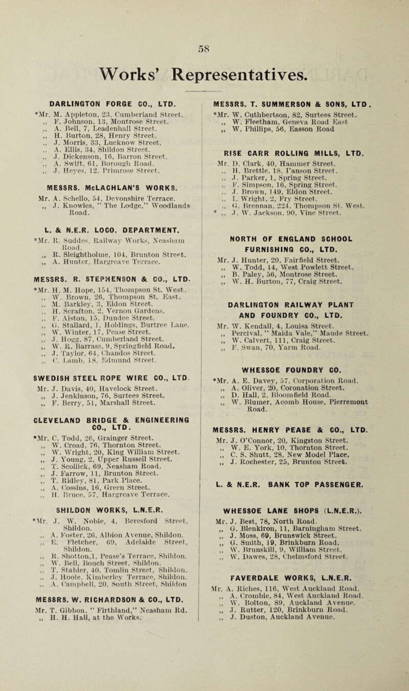 Works’ Representatives. DARLINGTON FORGE CO., LTD. *Mr. M. Appleton. 2:5. Chimberland Street. ,, F. Johnson. 13, Montrose Street. ,, A. J5ell, 7, Leadenhall Street. ,, H. ]5urton, 28, Henry Street. ,, .1. Morris, 33, Lucknow Street. ,, A. Ellis, 34, Shildon Street. ,. J. Dickenson, 16, J5arron Street. ,, A. Swift, 61, JtorouKh Rond. ,, J. Ifeyes, 12, Rriinrose Street. MESSRS. McLACHLAN’S WORKS. Mr. A. Schello. .54, Devonshire Terrace. ,, J. Knowles, “ The Lodge,” Woodlands Load. L. & N.E.R. LOCO. DEPARTMENT. *.Mr. It. Siidd(5s, Itailway Works, A^cashain Road. ,, It. Sleightholrae, 104, Bninton Street. ,, A. Hunter, Hargrcave Terrace. MESSRS. R. STEPHENSON & CO., LTD. ! *Mr. H. M. Hope, 154. Thompson St. West. ,, W. Rrown, 26, Thompson St. East. ,, M. Barkley, 3, Eldon Street. ,, H. Scr.afton, 2. Vernon Gardens. ,. l’\ Alston, 15, Dundee Street. ,, G. Stallard, 1. Holdings, Burtree Lane. ,, W. Winter, 17, Pease Street. ,, J. Hogg, 87, Cumberland Street. ,, W. it. Barrass, 9, Springfield Ttoad. ,, J. Taylor, 64, t'handos Street. ,, ('. launb, 18, Edmund Street. SWEDISH STEEL ROPE WIRE CO., LTD. Mr. J. Davis, 40, Havelock Street. ,, J. Jenkinson, 76, Surtees Street, ,, F. Berry, 51, Marshall Street. CLEVELAND BRIDGE & ENGINEERING CO., LTD. ♦.Mr. C. Todd, 26, Grainger Street. ,, W. Croad, 76. Thornton Street. ,, W. Wright, 20, King William Street. ,, J. Young. 2, Upper Russell Street. ,, T. Scoliick, 69, Keasham Road. ,, J. Farrow, 11, Brunton Street. ,, T. Ridley, 81, Park Place. ,, A. Cossins, 16, Green Street. ,, 11. Rruce, 57, Hargrcave Terrace. SHILDON WORKS, L.N.E.R. *Mr. J. W. Noble, 4, Beresford Street, Shildon. ,, A. Foster, 26, Albion Avenue, Shildon. ,, IL Fletcher, 69, Adelaide Street, Shildon. ., R. Shotton,!, Pease’s Terrace, Shildon. ,, W. Bell, Bouch Street, Shildon. ,. T. Stabler, 40. Tomlin Street, Shildon. ,, .1. Hoole, Eimberlcy Terrace, Shildon. ., A. Campbell, 20, South Street, ShildoTi MESSRS. W. RICHARDSON & CO., LTD. Mr. T. Gibbon, ” Firthland,” Neasham Rd. ,, H. H. Hall, at the Works. MESSRS. T. SUMMERSON & SONS, LTD *Mr. W. Cuthbertson, 82, Surtees Street. ,, W. Fleetham, Geneva Road East ,, W. Phillips, 56, Easson Road RISE CARR ROLLING MILLS, LTD. Mr. D. Clark, 40, Hammer Street. ,, H. Brettle, 18, I’anson Street. ,, J. Parker, 1, Spring Street. ., F. Simpson, 16, Spring Street. .1. Brown, 149, Eldon Street. ,, I. Wright, 2, Fry Street. ., G. Brennan, 224, Thompson St. West. ,, .1. W. .Tack.son. 90, Vine Street. NORTH OF ENGLAND SCHOOL FURNISHING CO., LTD. .Mr. J. Hunter, 20, Fairfield Street. ,, W. Todd, 14, We.st Powlett Street. ,, B. Paley, 56, Montrose Street. ,, W. H. ilurton, 77, Craig Street. DARLINGTON RAILWAY PLANT AND FOUNDRY CO., LTD. Mr. W. Kendall, 4, Louisa Street. ,, Percival, ” Maida Vale,” Maude Street. ,, W. Calvert, 111, Craig Street. ,, F. Swan, 70, Yarm Road. WHESSOE FOUNDRY CO. j ’•‘Mr. A. E. Davey, 57, Corporation Road. * ,, A. Oliver, 20, Coronation Street. I ,, D. Hall, 2, Bloomfield Road. [ ,, W. Blumer, Acomb House, Pierremont Road. MESSRS. HENRY PEASE & CO., LTD. Mr. J. O’Connor, 20, Kingston Street. „ W. E. York, 10, Thornton Street. ,, C. S. Shutt, 28, New Model Place. ,, J. Rochester, 25, Brunton Street. L. & N.E.R. BANK TOP PASSENGER. WHESSOE LANE SHOPS (L.N.E.R.). Mr. J. Best, 78, North Road. ,, G. Blenkiron, 11, Barninghani Street. ,, J. Moss, 69, Brunswick Street. ,, G. Smith, 19, Brinkburn Road. ,, W. Brunskill, 9, William Street.. ,. W. Dawes, 28, Chelmsford Street. FAVERDALE WORKS, L.N.E.R. Mr. A. Riches, 116, W^est Auckland Road. ,, A. Crombie, 84, West Auckland Road. ,, W. Bolton, 89, Auckland Avenue. ,, J. Rutter, 120, Brinkburn Road. ,, J. Duston, Auckland Aveiuie.