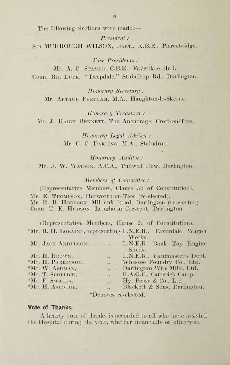 The following elections were made:— President : Sir MURROUGH WILSON, Bart., K.B.E., Piereebridge. Vice-Presidents : Mr. A. C. Stamer, C.B.E., Faverdale Hall. Conn. Re. Luck, “ Deepdale,” Staindrop Rd., Darlington. Honorary Secretary : Mr. Arthur Eeetiiam, M.A., Haughton-le-Skerne. Hon orary Treasurer : Mr. J. H aigh Bennett, The Anchorage, Croft-on-Tees. Honorary Legal Adviser : Mr. C. C. Darling, M.A., Staindrop. Honorary Auditor : Mr. J. W. Watson, A.C.A., Tub well Row, Darlington. Members of Committee : (Representative Members, Clause 5b of Constitution). Mr. E. Thompson, Hurworth-on-Tees (re-elected). Mr. R. B. Hodgson, Milbank Road, Darlington (re-elected). Coun. T. E. Hudson, Langholm Crescent, Darlington. (Representative Members, Clause 5c of Constitution). R. H. Loraine, representing L.N.E.R., Faverdale Wagon Works. ,, L.N.E.R, Bank Top Engine Sheds. ,, L.N.E.R., Yardmaster's Dept. ,, Whessoe Foundry Co., Ltd. ,, Darlington Wire Mills, Ltd. ,, R.A.O.C., Catterick Camp. ,, Hy. Pease & Co., Ltd. ,, Blackett & Sons, Darlington. ^Denotes re-elected. *Mr. Mr. J ack Anderson. Mr. H. Brown, *Mr. H. Parkinson, *Mr. W. Ashman, *Mr. T. Scollick, *Mr. F. Swales, *Mr. H. Ascougii, Vote of Thanks. A heartv vote of thanks is accorded to all who have assisted •/ the Hospital during the year, whether financially or otherwise.