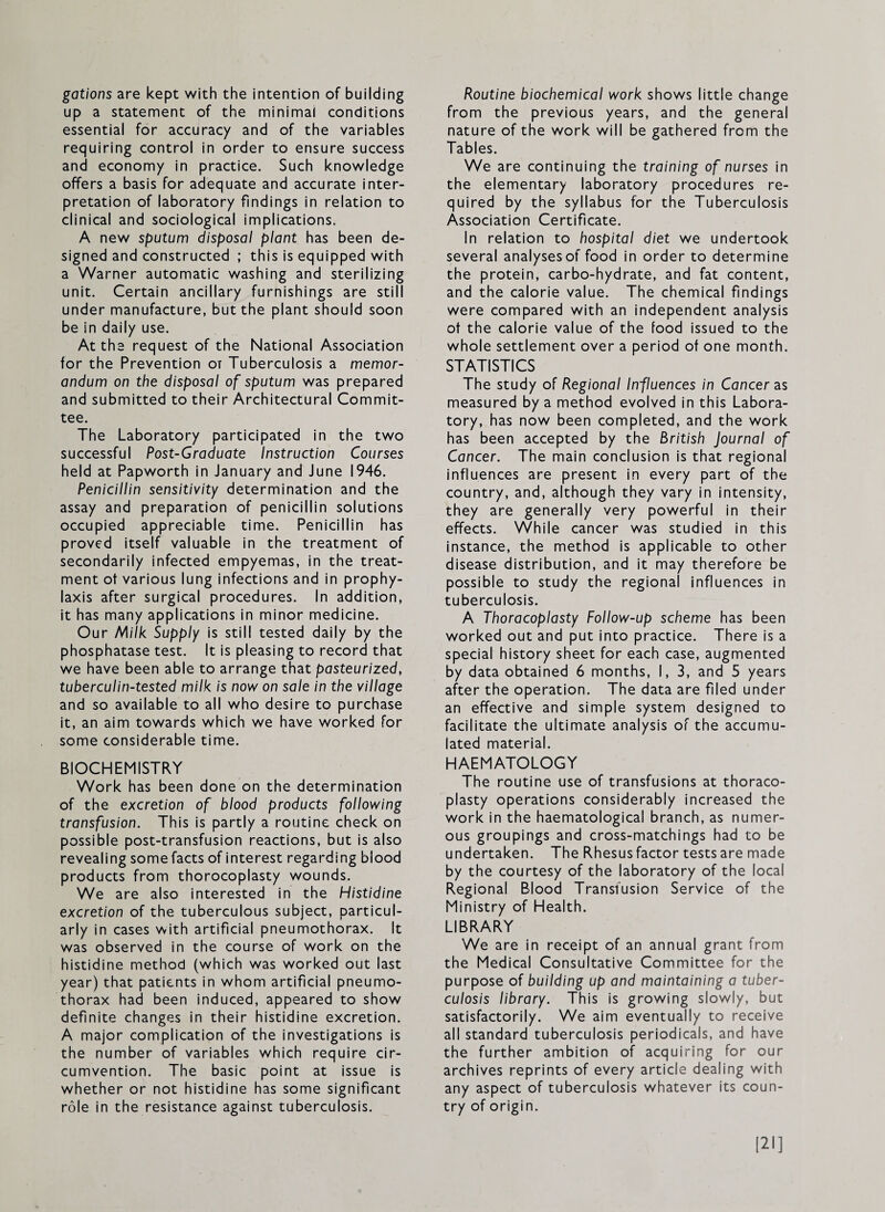 gations are kept with the intention of building up a statement of the minimal conditions essential for accuracy and of the variables requiring control in order to ensure success and economy in practice. Such knowledge offers a basis for adequate and accurate inter¬ pretation of laboratory findings in relation to clinical and sociological implications. A new sputum disposal plant has been de¬ signed and constructed ; this is equipped with a Warner automatic washing and sterilizing unit. Certain ancillary furnishings are still under manufacture, but the plant should soon be in daily use. At the request of the National Association for the Prevention ot Tuberculosis a memor¬ andum on the disposal of sputum was prepared and submitted to their Architectural Commit¬ tee. The Laboratory participated in the two successful Post-Graduate Instruction Courses held at Papworth in January and June 1946. Penicillin sensitivity determination and the assay and preparation of penicillin solutions occupied appreciable time. Penicillin has proved itself valuable in the treatment of secondarily infected empyemas, in the treat¬ ment ot various lung infections and in prophy¬ laxis after surgical procedures. In addition, it has many applications in minor medicine. Our Milk Supply is still tested daily by the phosphatase test. It is pleasing to record that we have been able to arrange that pasteurized, tuberculin-tested milk is now on sale in the village and so available to all who desire to purchase it, an aim towards which we have worked for some considerable time. BIOCHEMISTRY Work has been done on the determination of the excretion of blood products following transfusion. This is partly a routine check on possible post-transfusion reactions, but is also revealing some facts of interest regarding blood products from thorocoplasty wounds. We are also interested in the Histidine excretion of the tuberculous subject, particul¬ arly in cases with artificial pneumothorax. It was observed in the course of work on the histidine method (which was worked out last year) that patients in whom artificial pneumo¬ thorax had been induced, appeared to show definite changes in their histidine excretion. A major complication of the investigations is the number of variables which require cir¬ cumvention. The basic point at issue is whether or not histidine has some significant role in the resistance against tuberculosis. Routine biochemical work shows little change from the previous years, and the general nature of the work will be gathered from the Tables. We are continuing the training of nurses in the elementary laboratory procedures re¬ quired by the syllabus for the Tuberculosis Association Certificate. In relation to hospital diet we undertook several analyses of food in order to determine the protein, carbo-hydrate, and fat content, and the calorie value. The chemical findings were compared with an independent analysis ot the calorie value of the food issued to the whole settlement over a period of one month. STATISTICS The study of Regional Influences in Cancer as measured by a method evolved in this Labora¬ tory, has now been completed, and the work has been accepted by the British Journal of Cancer. The main conclusion is that regional influences are present in every part of the country, and, although they vary in intensity, they are generally very powerful in their effects. While cancer was studied in this instance, the method is applicable to other disease distribution, and it may therefore be possible to study the regional influences in tuberculosis. A Thoracoplasty Follow-up scheme has been worked out and put into practice. There is a special history sheet for each case, augmented by data obtained 6 months, I, 3, and 5 years after the operation. The data are filed under an effective and simple system designed to facilitate the ultimate analysis of the accumu¬ lated material. HAEMATOLOGY The routine use of transfusions at thoraco¬ plasty operations considerably increased the work in the haematological branch, as numer¬ ous groupings and cross-matchings had to be undertaken. The Rhesusfactor tests are made by the courtesy of the laboratory of the local Regional Blood Transfusion Service of the Ministry of Health. LIBRARY We are in receipt of an annual grant from the Medical Consultative Committee for the purpose of building up and maintaining a tuber¬ culosis library. This is growing slowly, but satisfactorily. We aim eventually to receive all standard tuberculosis periodicals, and have the further ambition of acquiring for our archives reprints of every article dealing with any aspect of tuberculosis whatever its coun¬ try of origin.