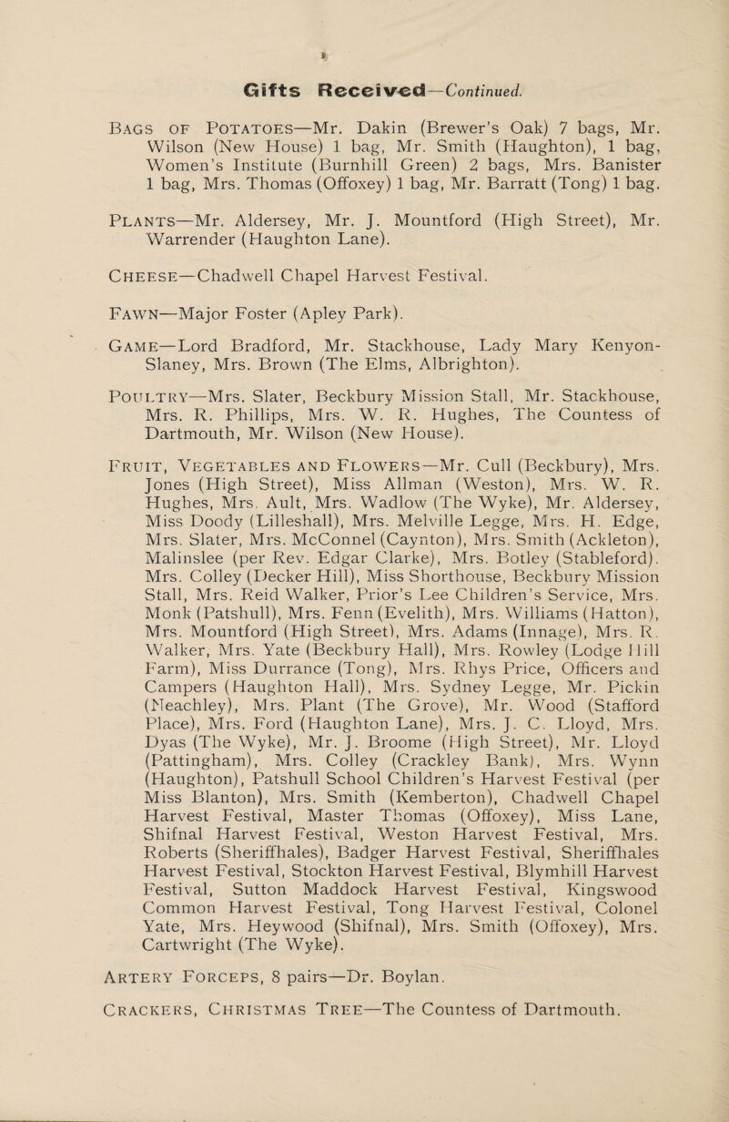 Gifts Received—Continued. Bags of Potatoes—Mr. Dakin (Brewer’s Oak) 7 bags, Mr. Wilson (New House) 1 bag, Mr. Smith (Haughton), 1 bag, Women’s Institute (Burnhill Green) 2 bags, Mrs. Banister 1 bag, Mrs. Thomas (Offoxey) 1 bag, Mr. Barratt (Tong) 1 bag. Plants—Mr. Aldersey, Mr. J. Mountford (TIigh Street), Mr. Warrender (Haughton Lane). Cheese—Chadwell Chapel Harvest Festival. Fawn—Major Foster (Apley Park). Game—Lord Bradford, Mr. Stackhouse, Lady Mary Kenyon- Slaney, Mrs. Brown (The Elms, Albrighton). Poultry—Mrs. Slater, Beckbury Mission Stall, Mr. Stackhouse, Mrs. R. Phillips, Mrs. W. R. Hughes, The Countess of Dartmouth, Mr. Wilson (New House). Fruit, Vegetables and Flowers—Mr. Cull (Beckbury), Mrs. Jones (High Street), Miss Allman (Weston), Mrs. W. R. Hughes, Mrs. Ault, Mrs. Wadlow (The Wyke), Mr. Aldersey, Miss Doody (Lilleshall), Mrs. Melville Legge, Mrs. H. Edge, Mrs. Slater, Mrs. McConnel (Caynton), Mrs. Smith (Ackleton), Malinslee (per Rev. Edgar Clarke), Mrs. Botley (Stableford). Mrs. Colley (Decker Hill), Miss Shorthouse, Beckbury Mission Stall, Mrs. Reid Walker, Prior’s Lee Children’s Service, Mrs. Monk (Patshull), Mrs. Fenn (Evelith), Mrs. Williams (Hatton), Mrs. Mountford (High Street), Mrs. Adams (Innage), Mrs. R. Walker, Mrs. Yate (Beckbury Hall), Mrs. Rowley (Lodge Hill Farm), Miss Durrance (Tong), Mrs. Rhys Price, Officers and Campers (Haughton Hall), Mrs. Sydney Legge, Mr. Pickin (Neachley), Mrs. Plant (The Grove), Mr. Wood (Stafford Place), Mrs. Ford (Haughton Lane), Mrs. J. C. Lloyd, Mrs. Dyas (The Wyke), Mr. J. Broome (High Street), Mr. Lloyd (Pattingham), Mrs. Colley (Crackley Bank), Mrs. Wynn (Haughton), Patshull School Children’s Harvest Festival (per Miss Blanton), Mrs. Smith (Kemberton), Chadwell Chapel Harvest Festival, Master Thomas (Offoxey), Miss Lane, Shifnal Harvest Festival, Weston Harvest Festival, Mrs. Roberts (Sheriffhales), Badger Harvest Festival, Sheriffhales Harvest Festival, Stockton Harvest Festival, Blymhill Harvest Festival, Sutton Maddock Harvest Festival, Kingswood Common Harvest Festival, Tong Harvest Festival, Colonel Yate, Mrs. Heywood (Shifnal), Mrs. Smith (Offoxey), Mrs. Cartwright (The Wyke). Artery Forceps, 8 pairs—Dr. Boylan. Crackers, Christmas Tree—The Countess of Dartmouth.