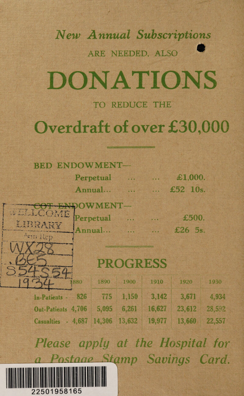 New Annual Subscriptions ARE NEEDED, ALSO . donations . ' .1. . . • •. • ' : 1 ' .yr-» ; ( ‘‘ ' .'J. , , - TO REDUCE THE Overdraft of over £30,000 BED ENDOWMENT- s Perpetual '.Annual... -COT ENDOWMENT -Perpetual Annual..; £1,000. £52 10s. ¥ * y. * »■*- - j<AK Y £500. £26 5s. PROGRESS In-Patients - - 1890 1900 1910 .! i 1 1920 1930 775 1,150 i ? ' 3,142 3,671 • | 4,934 5,095 A PPt 16,627 j 23,612 28,57.2 ;14,306 13,632 19,977 13,660 ] 22,5571 apply at the Hospital for op Stamp Savings Card. 22501958165